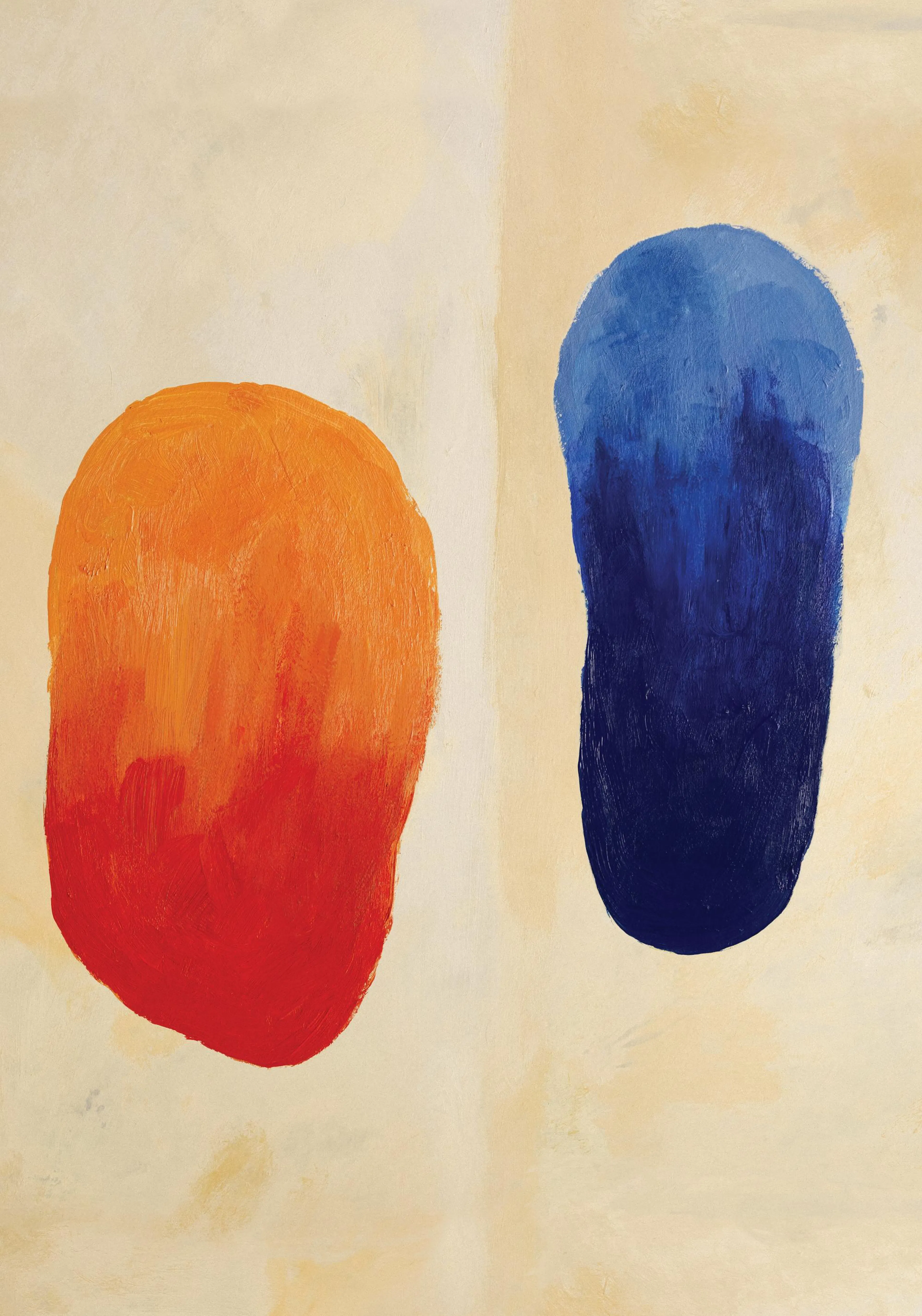 Affiche avec deux formes abstraites, une orange et rouge, lautre bleue foncée, sur un fond beige texturé.