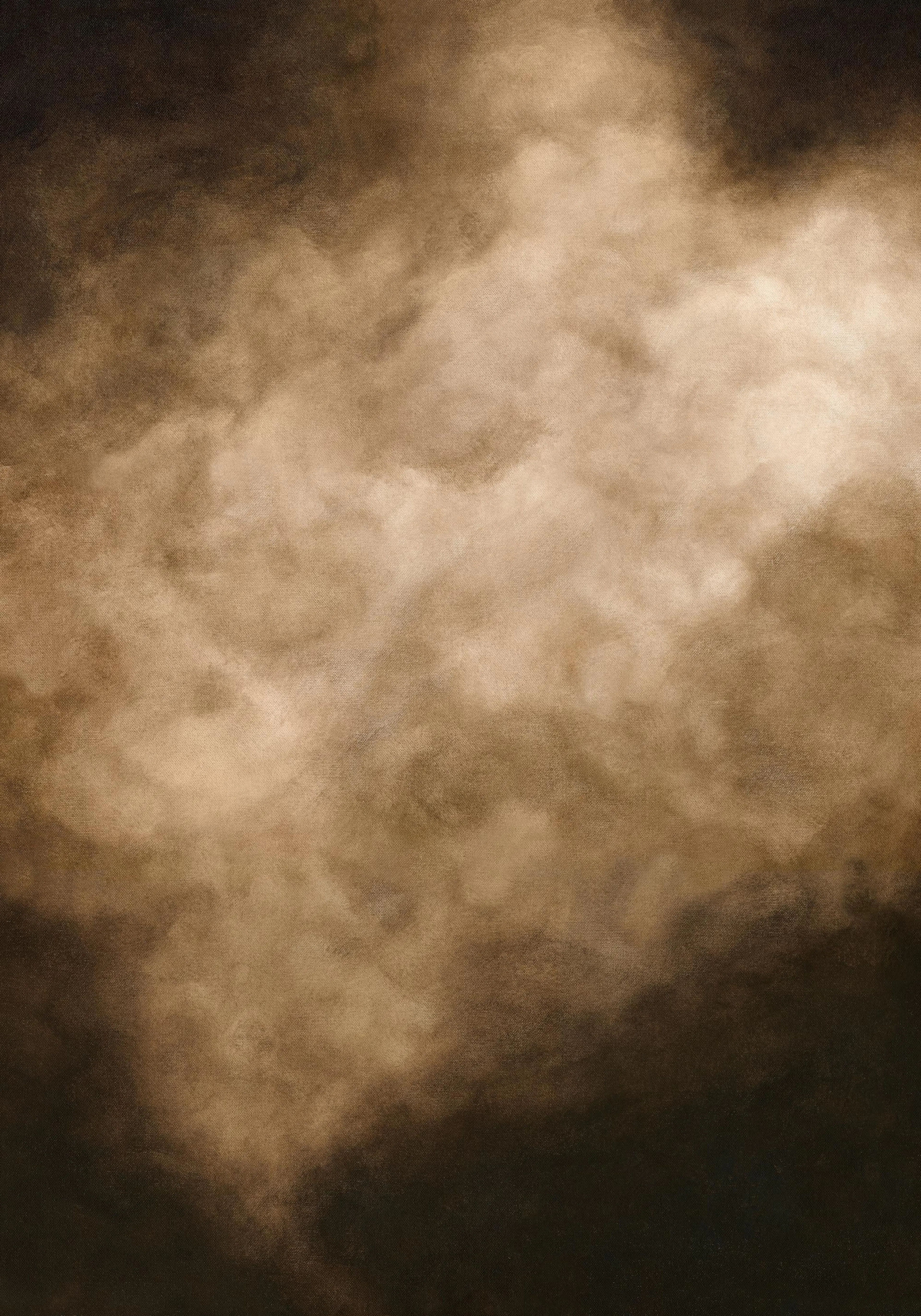 A print of abstract, flowing shapes in warm brown and black tones, resembling clouds or smoke.