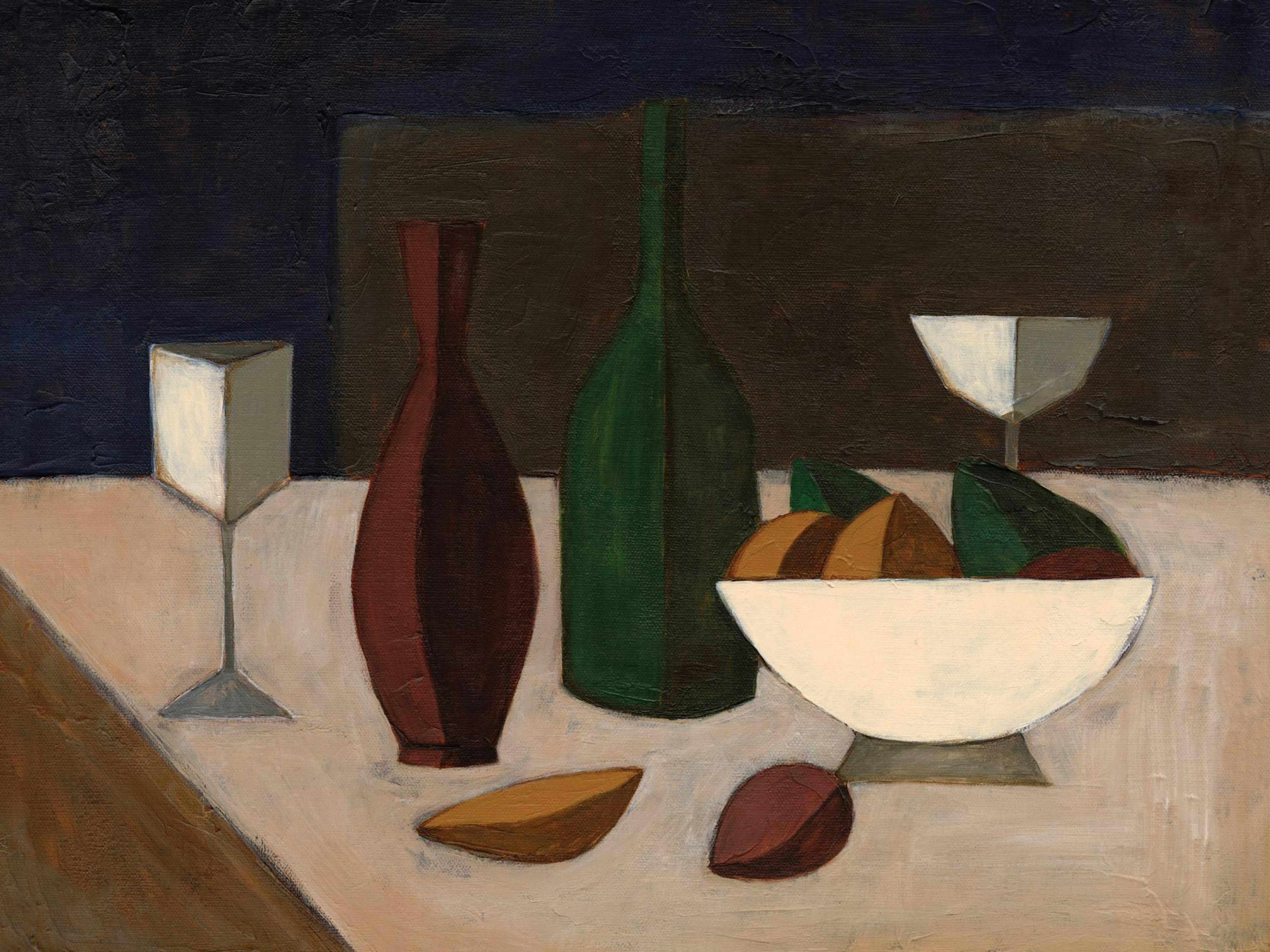 Affiche cubiste dune nature morte avec bouteille verte, vase rouge, verres et fruits dans un bol blanc sur une table.