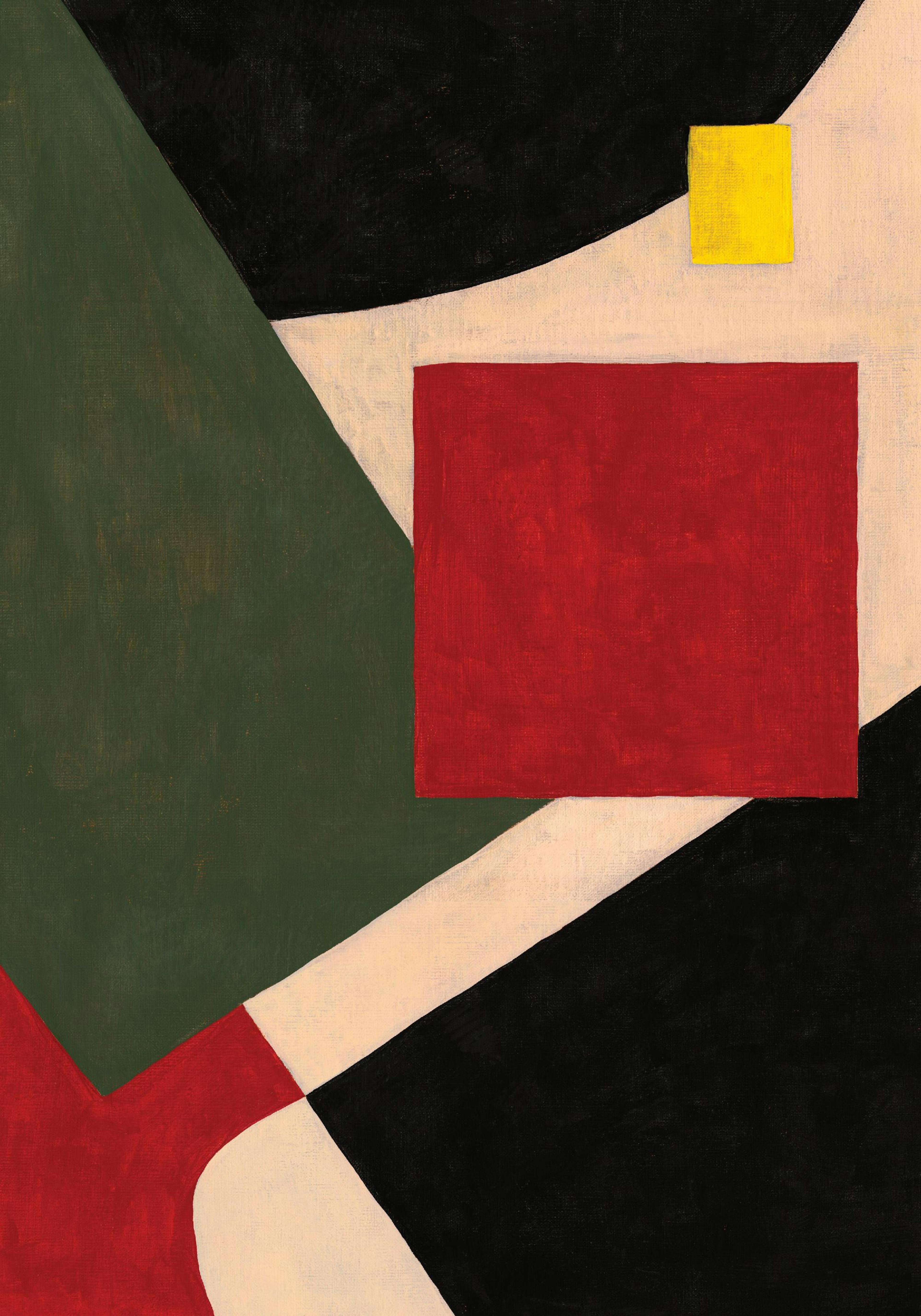 Affiche abstraite avec des formes géométriques noires, vertes et rouges, et un petit carré jaune sur fond blanc.