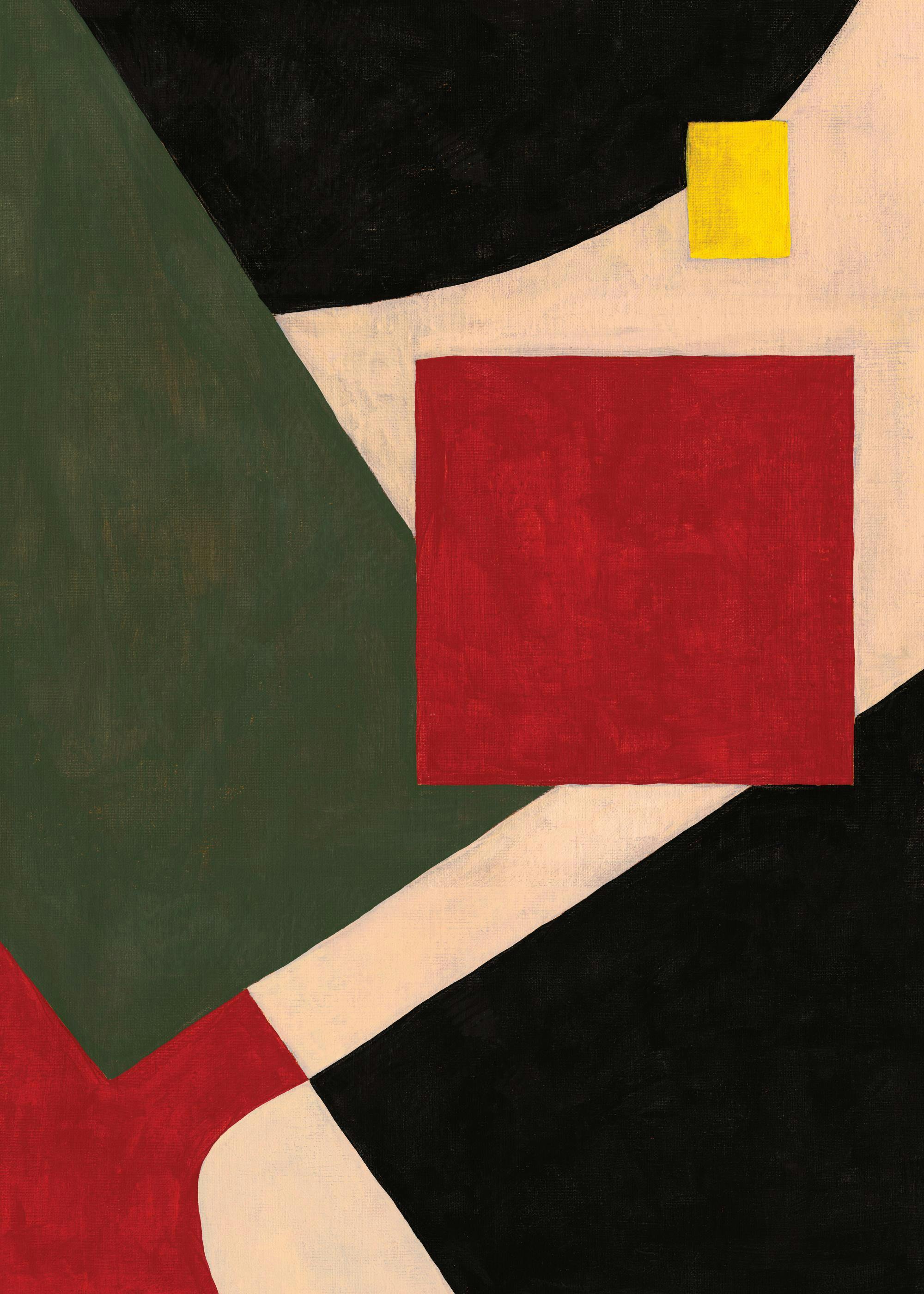 Poster con forme astratte geometriche rosse, verdi, gialle e nere su sfondo chiaro.