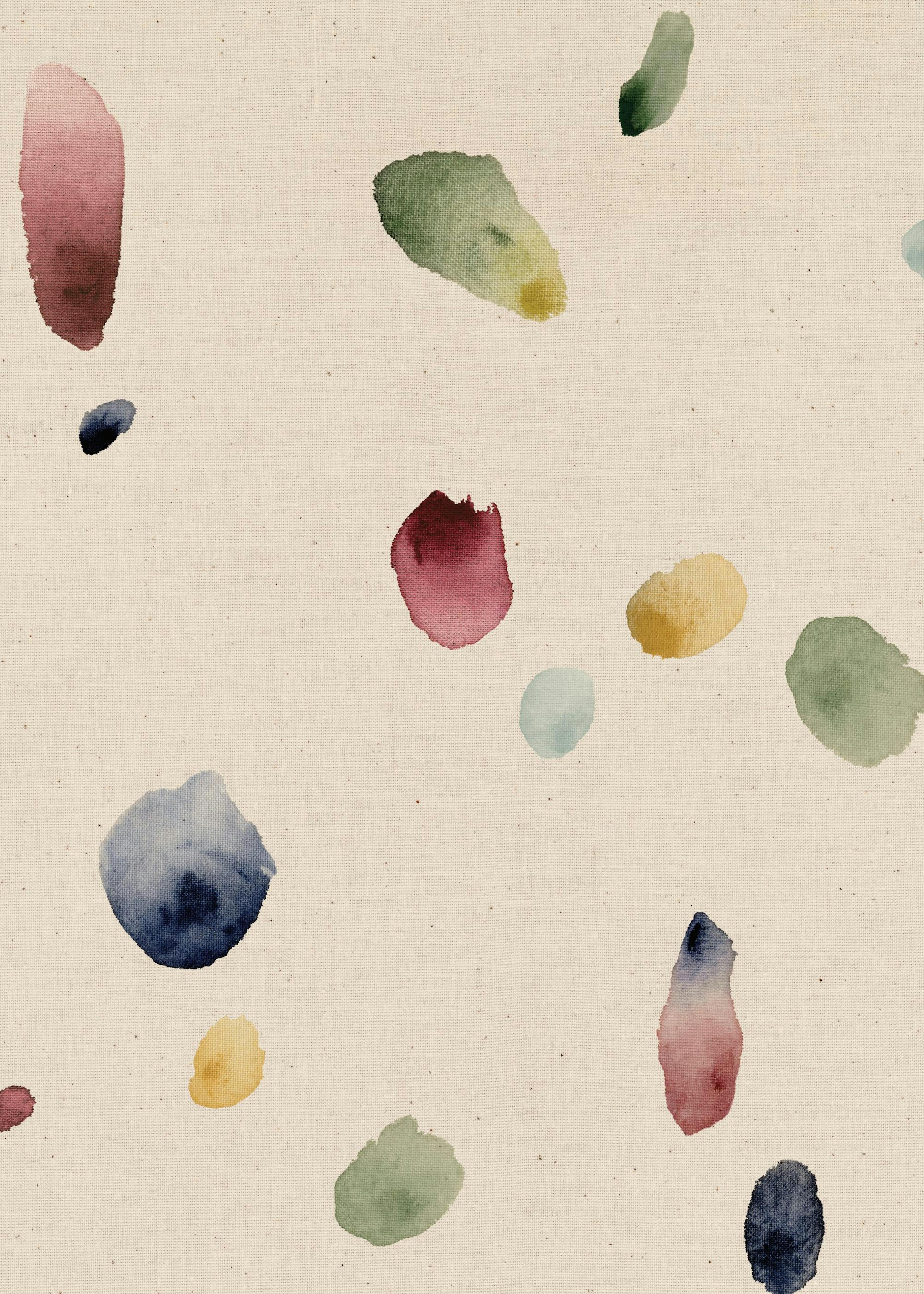 Affiche avec des taches de peinture aquarelle de différentes couleurs sur un fond beige, créant un motif abstrait.