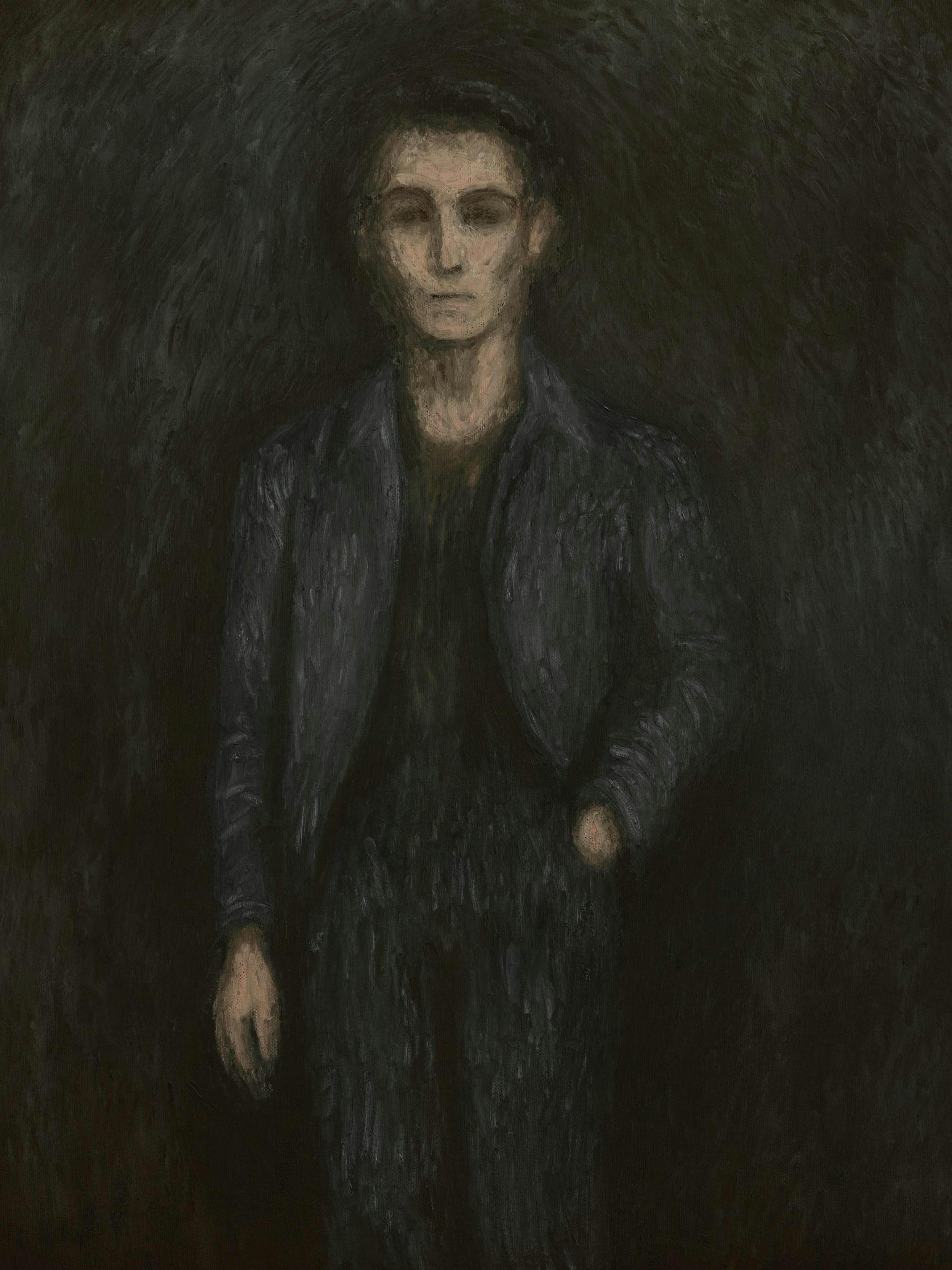 Affiche dun homme au visage pâle et aux traits marqués, vêtu de noir, sur un fond sombre.