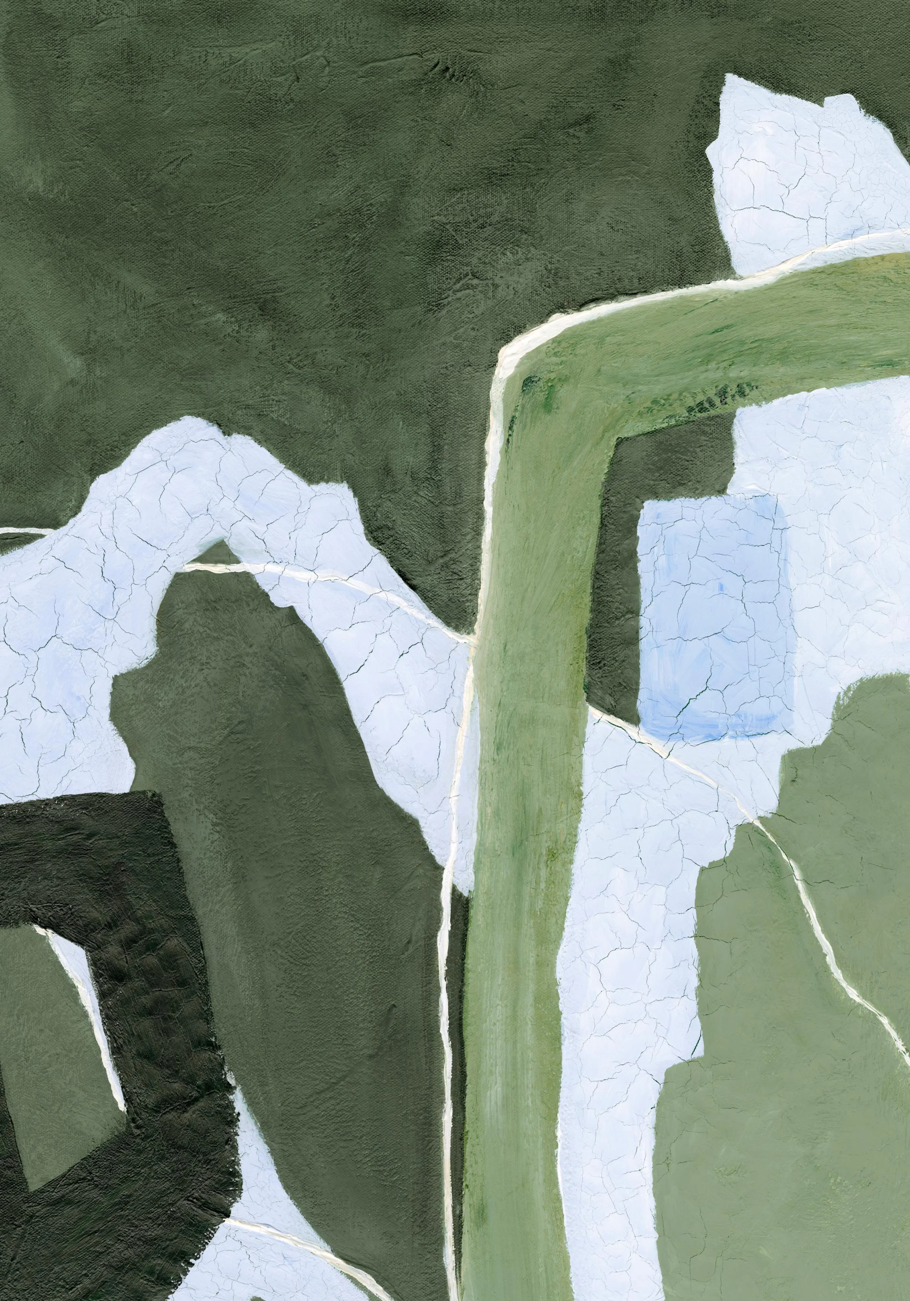 Abstract print with organic shapes in dark green, light green, and light blue, featuring white cracked textures and lines.