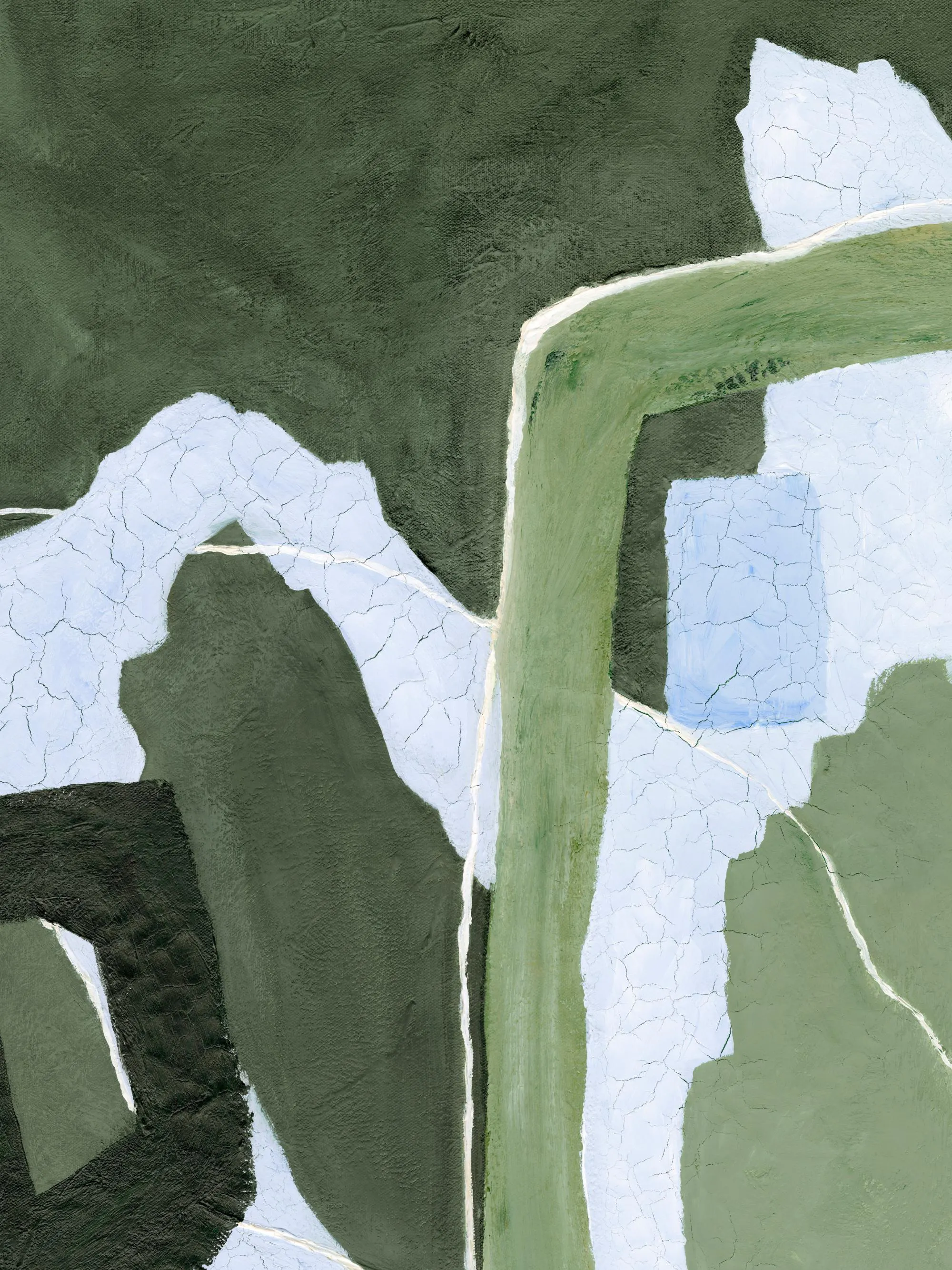 A print of abstract shapes with light green, dark olive, and beige-white colors, featuring cracked textures and white lines.
