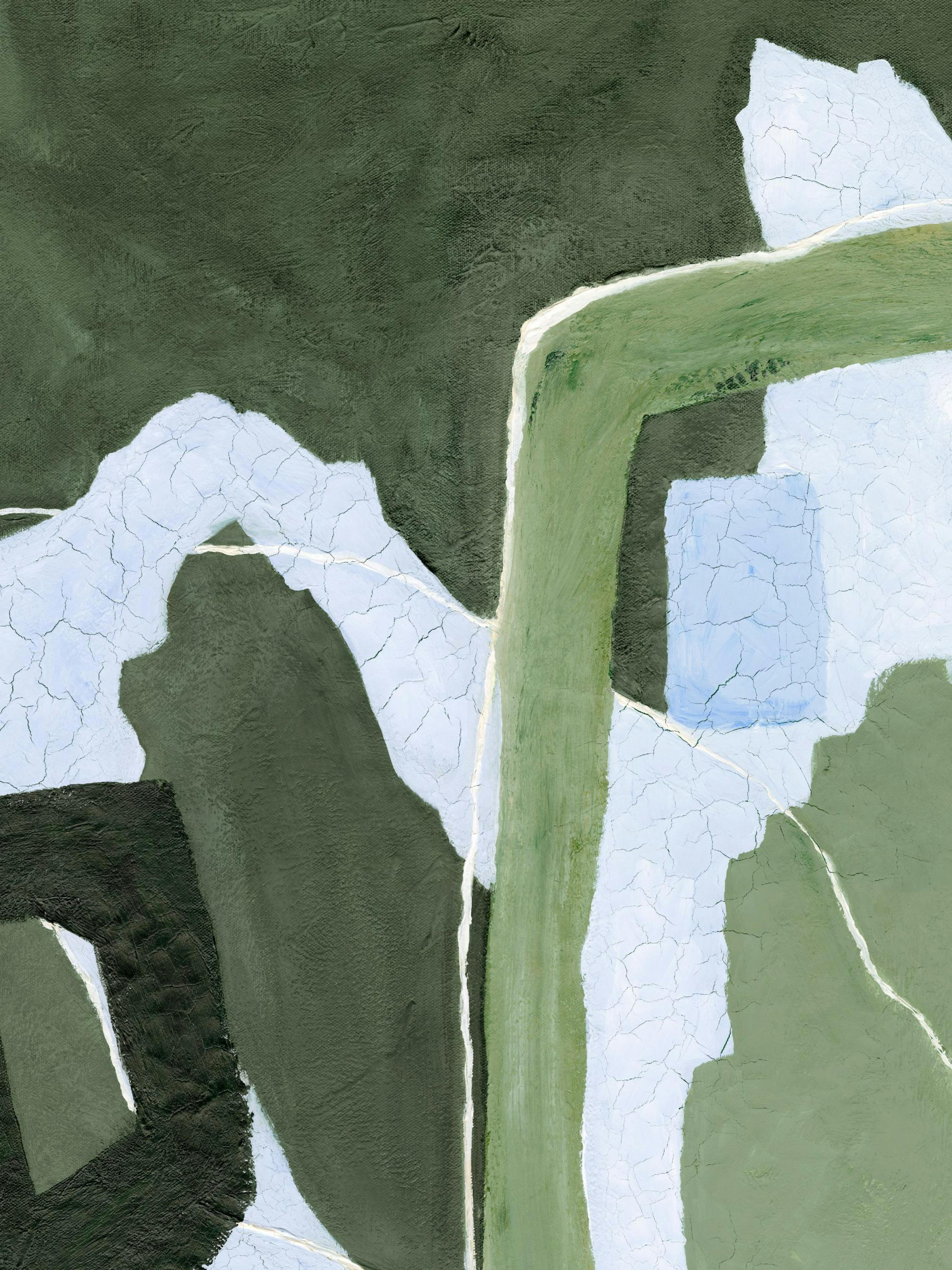 Un póster con formas orgánicas en tonos verde oscuro, verde claro y blanco agrietado con líneas finas.