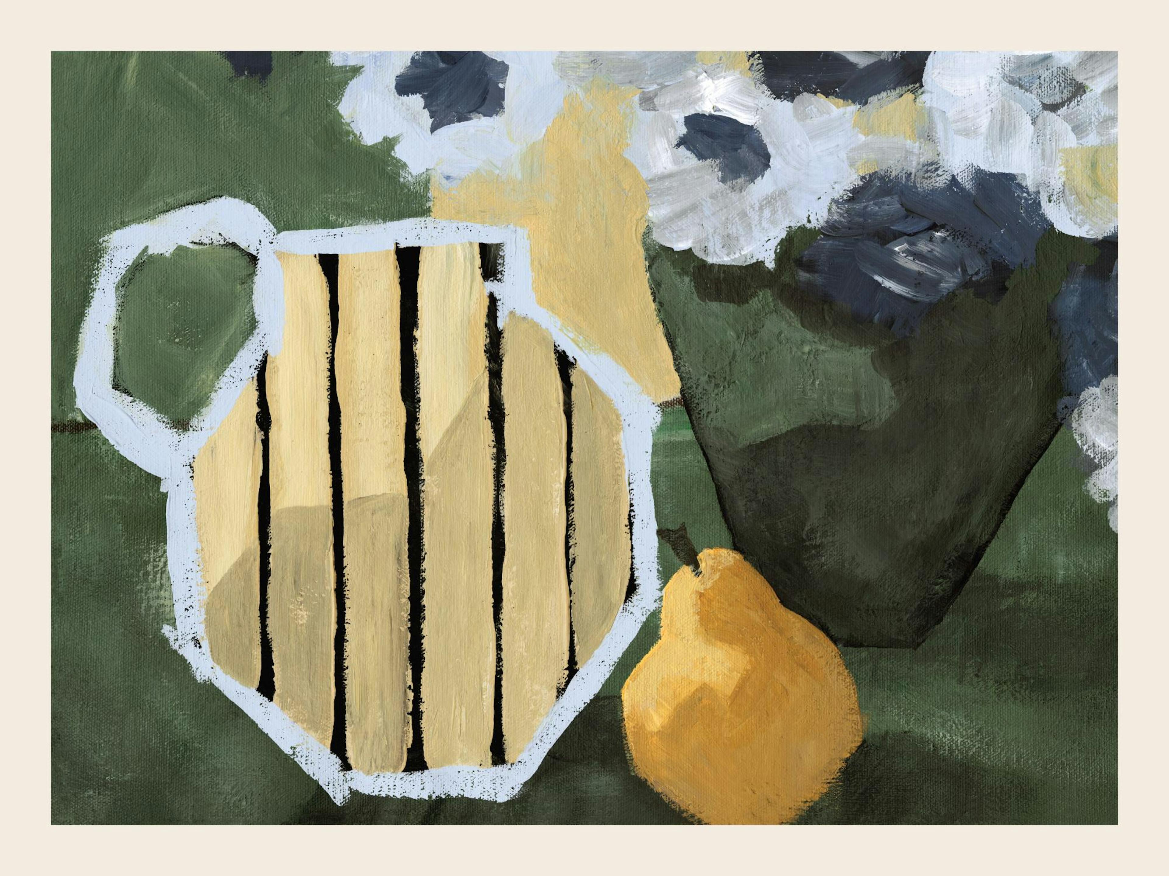 Still life print featuring a yellow striped pitcher, a dark vase with white flowers, and a yellow pear on a green background.