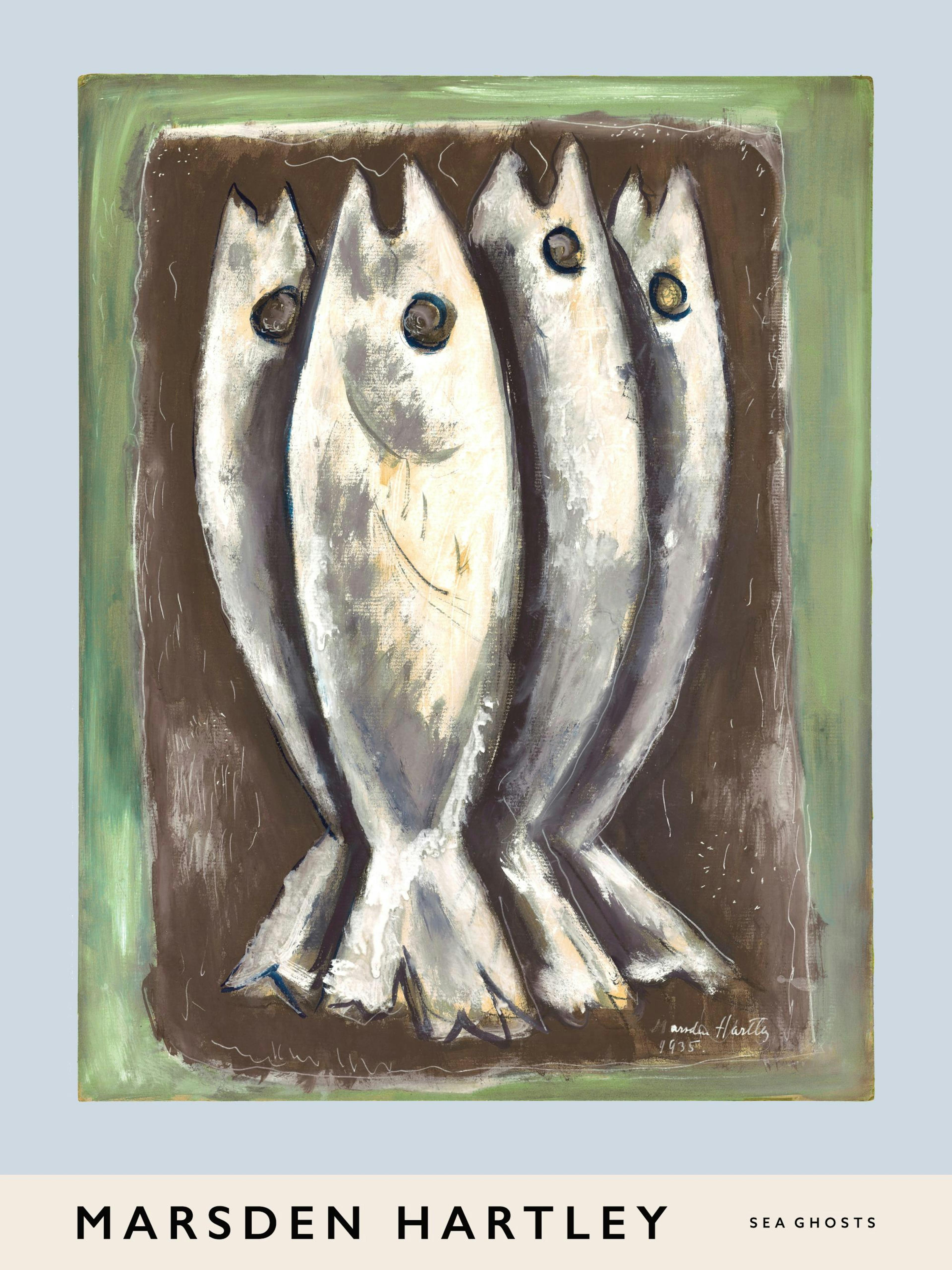 Póster de pintura abstracta de cuatro peces blancos con ojos oscuros, sobre un fondo marrón y borde verde.