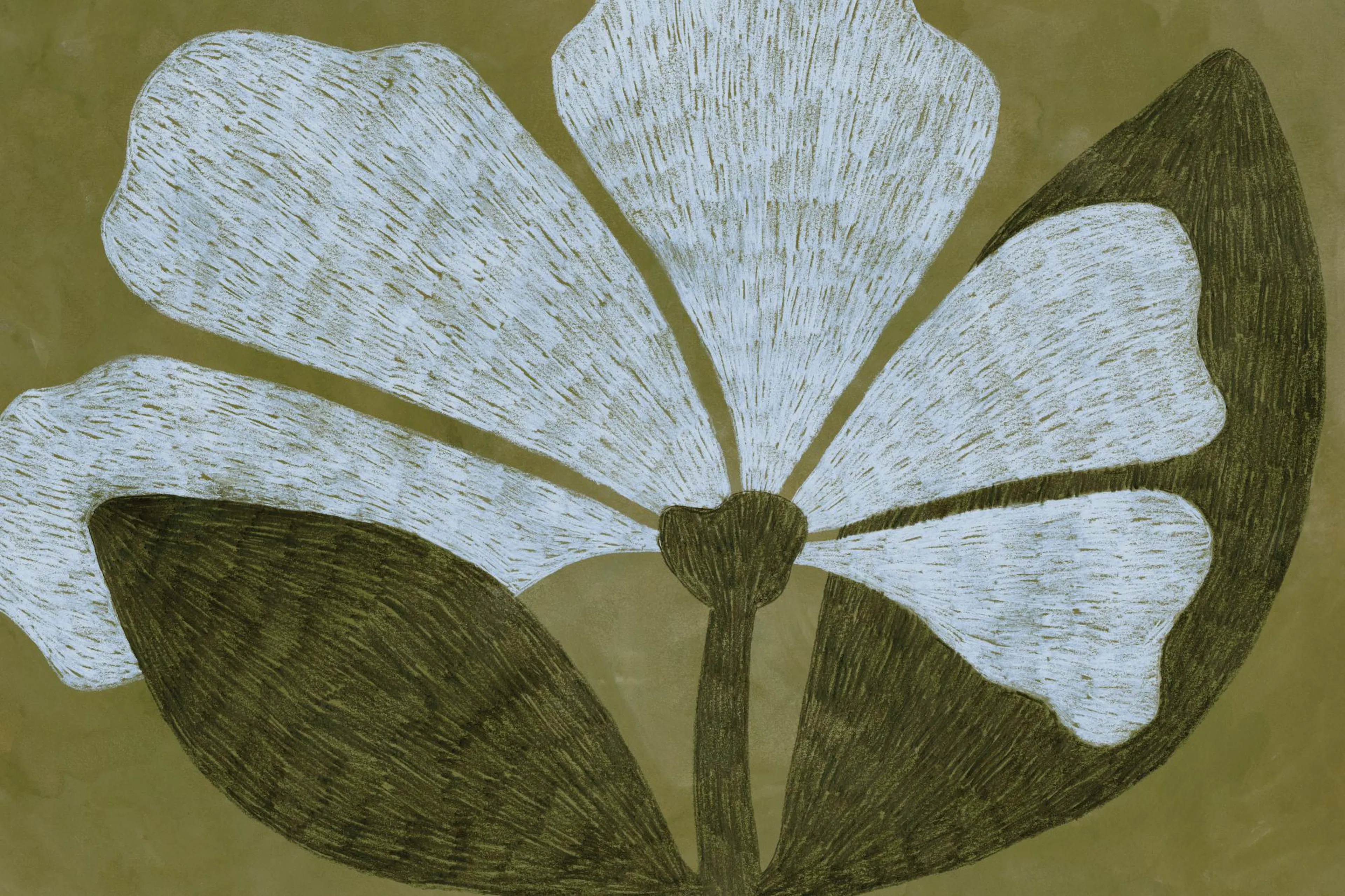 Poster di un fiore stilizzato bianco con foglie verde scuro su sfondo verde oliva.