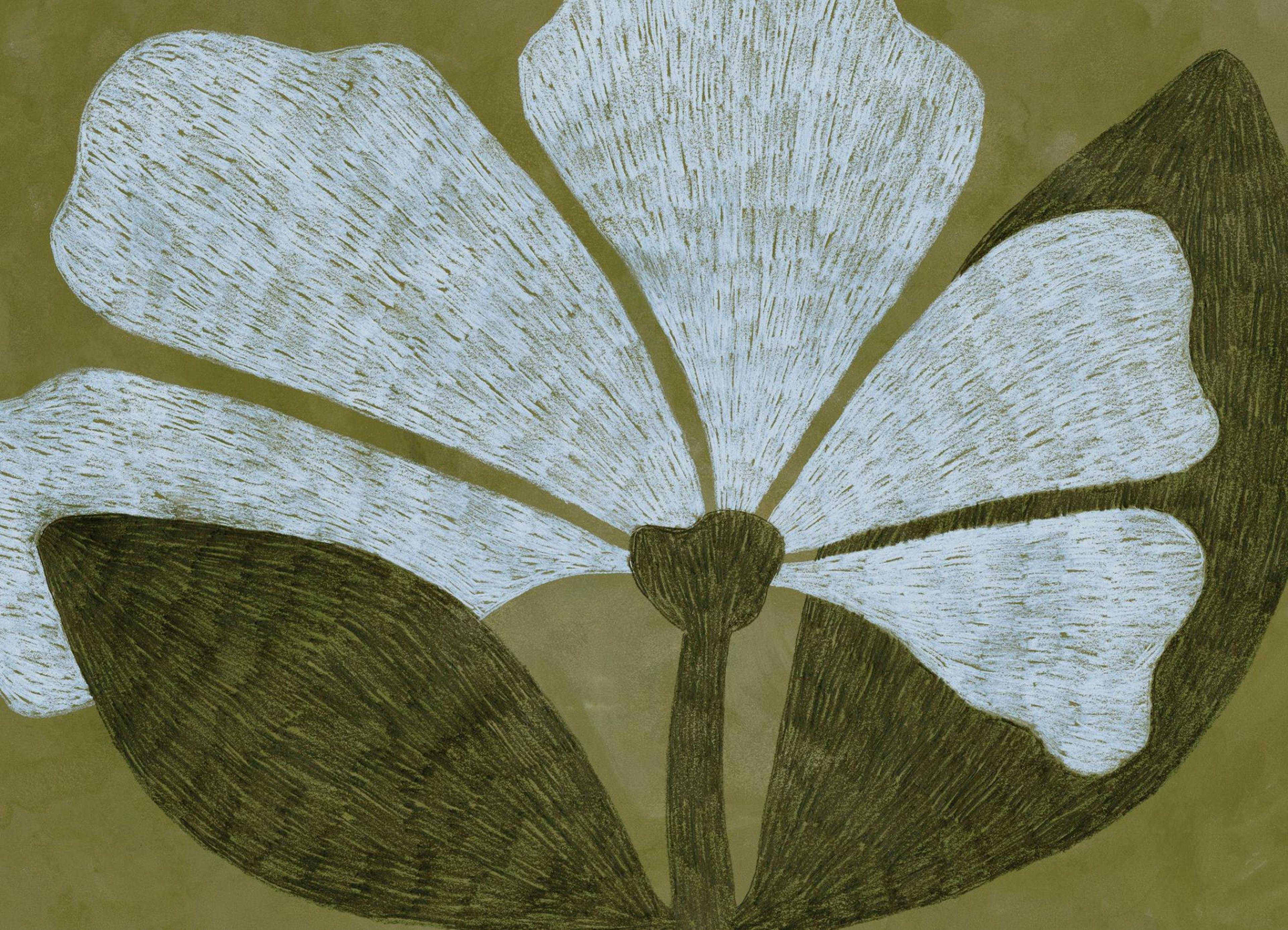 Póster de una flor con pétalos de color blanco y hojas oscuras, sobre un fondo verde oliva.