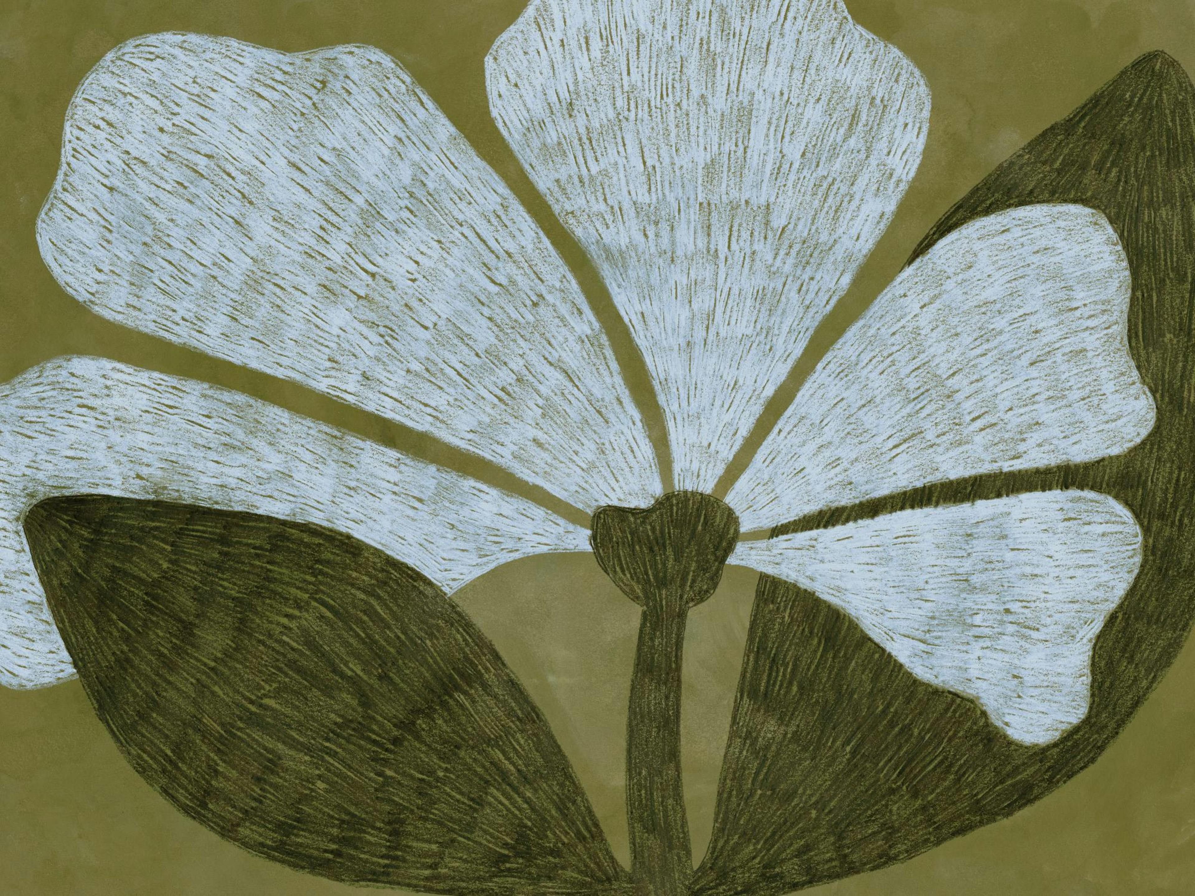 Poster di un fiore stilizzato bianco con foglie verde scuro su sfondo verde oliva.