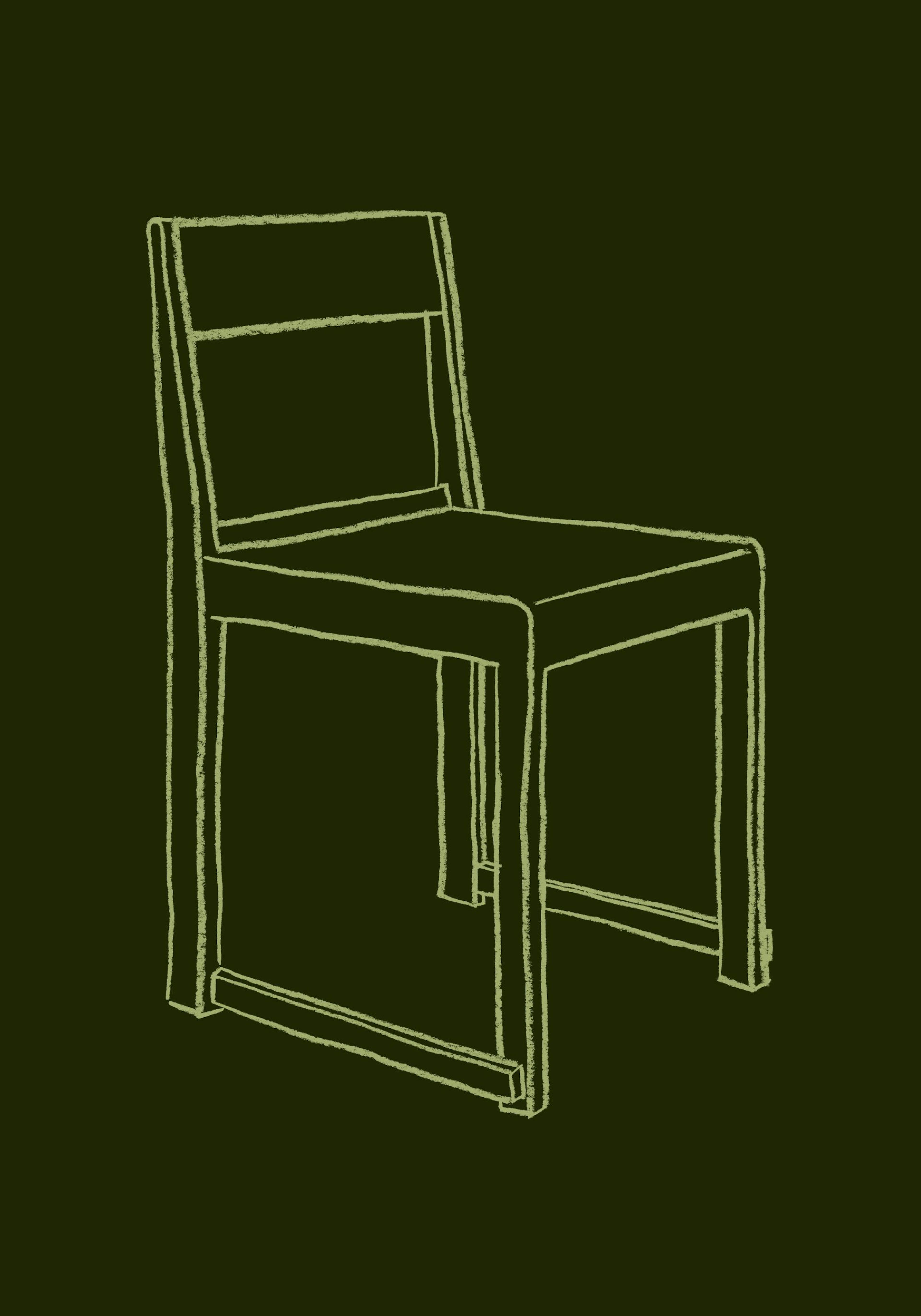 Póster minimalista de una silla de madera de color verde claro sobre un fondo verde oscuro.
