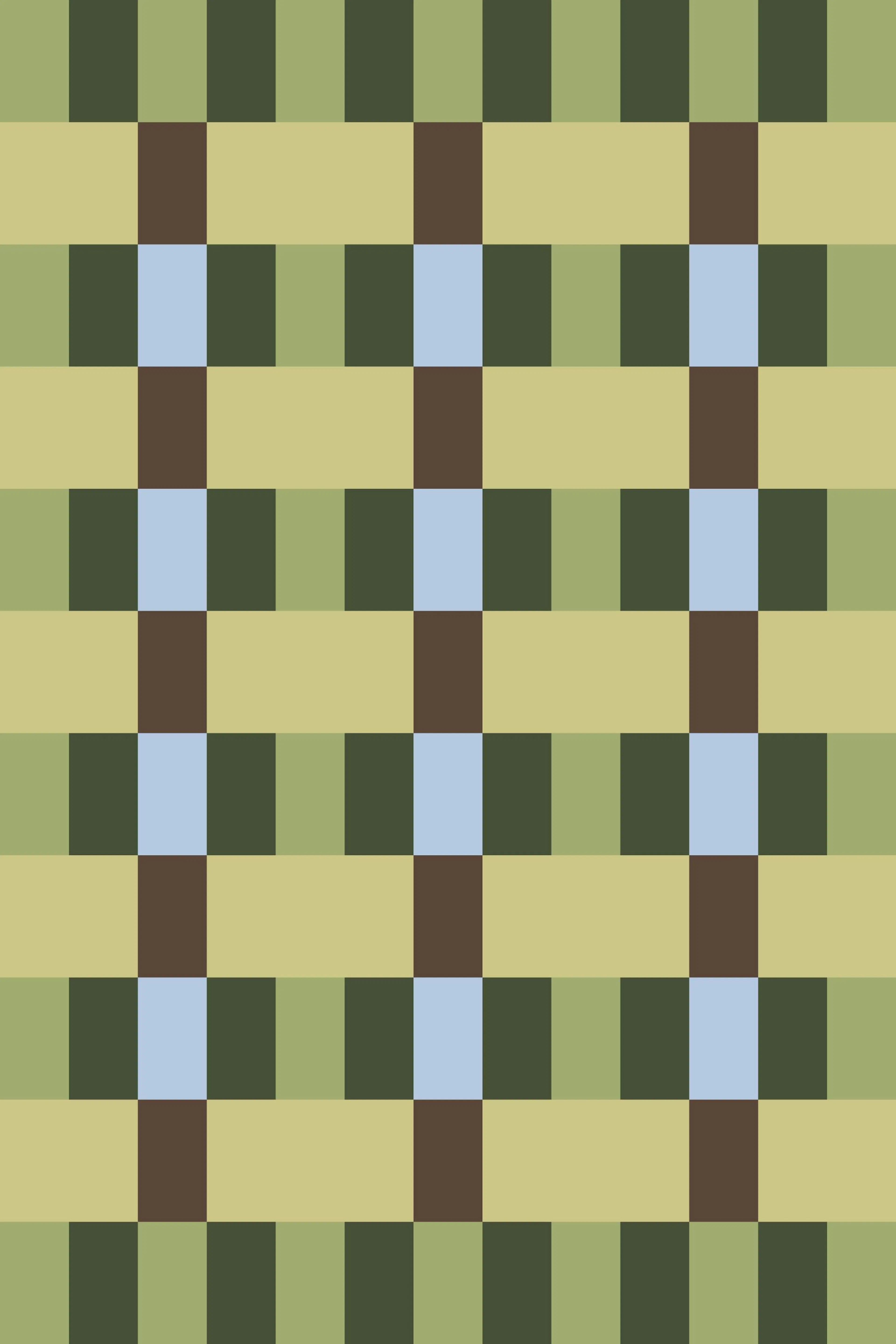 Poster mit geometrischem Muster aus braunen, hellblauen, gelbgrünen und dunkelgrünen Rechtecken.