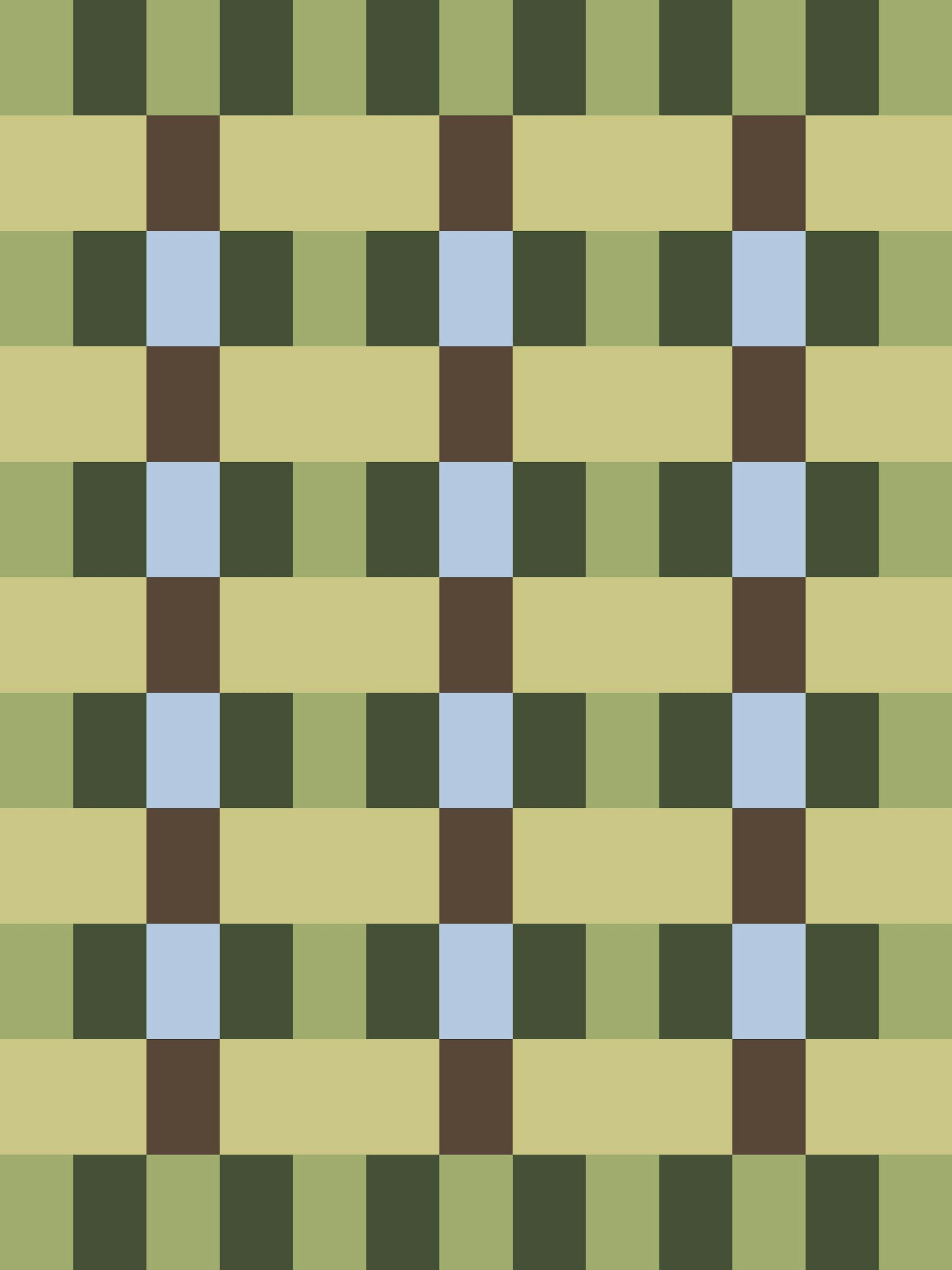 A print of a geometric pattern with horizontal rows of light green and beige rectangles, and vertical columns of dark brown and 