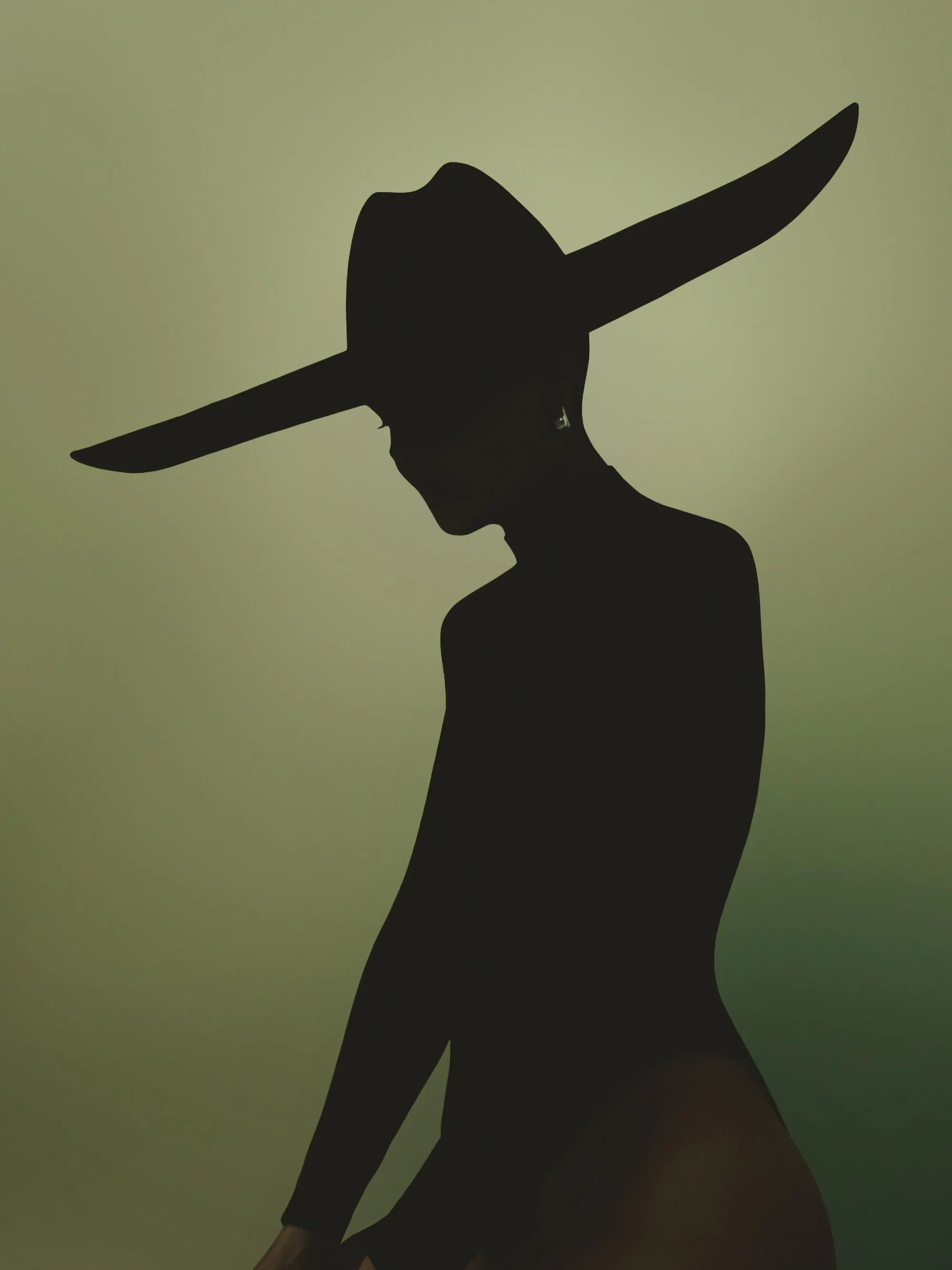 A black silhouette print of a person wearing a wide-brimmed cowboy hat and an earring, against a green background.