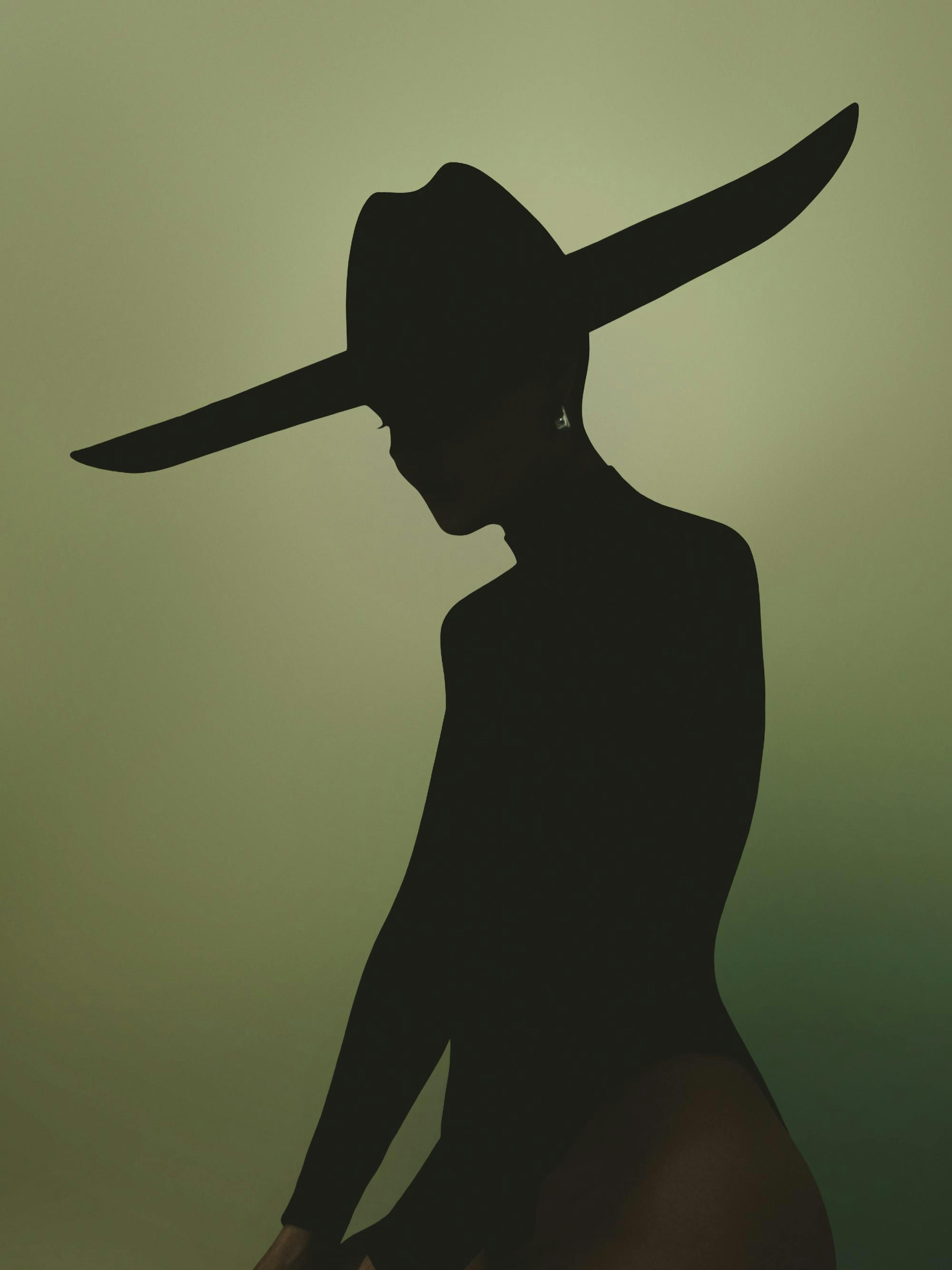 A striking print of a womans silhouette in a wide-brimmed cowboy hat against a gradient green background.