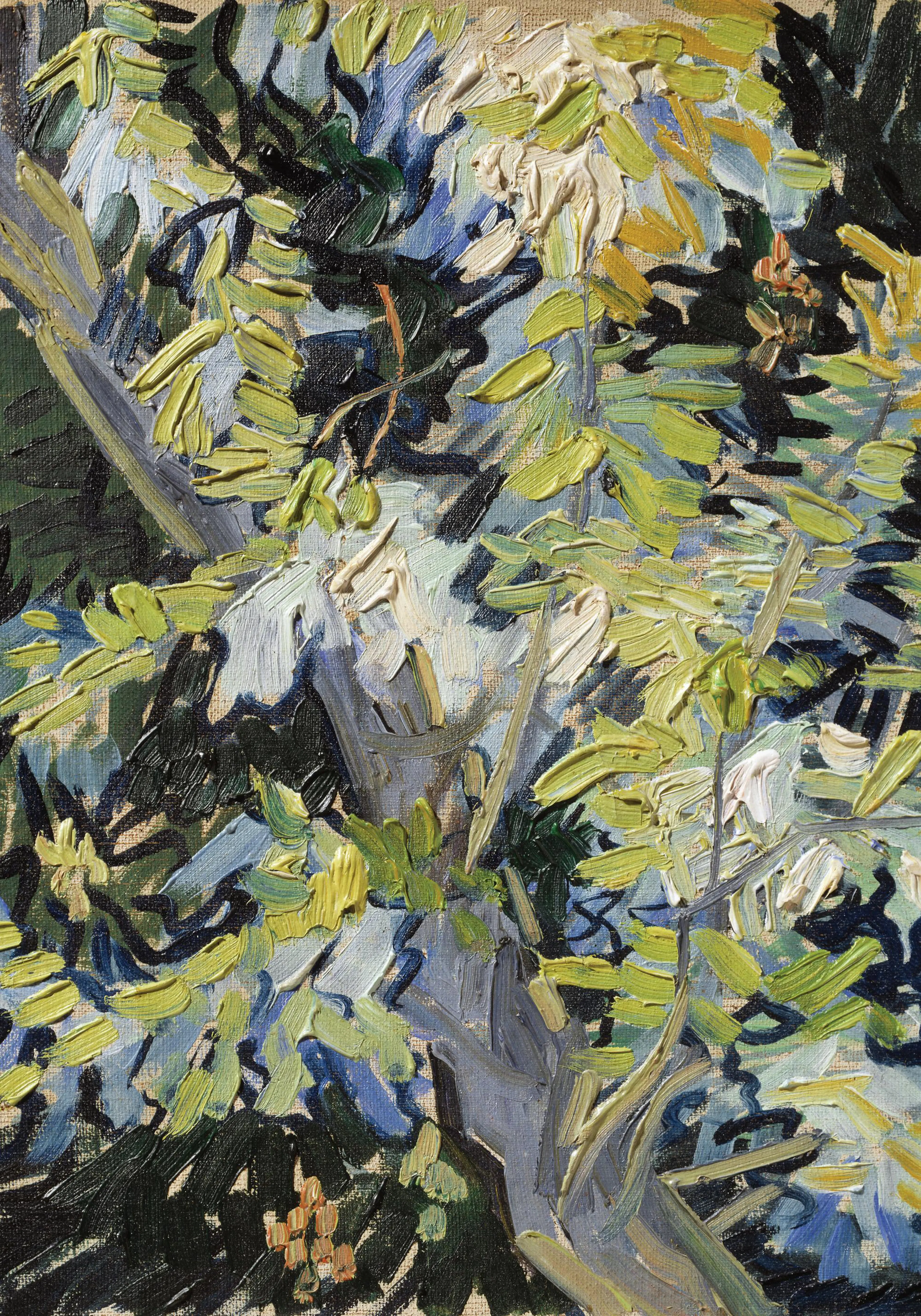An impasto oil print featuring green, yellow, and blue leaves on dark branches, with hints of orange and white.