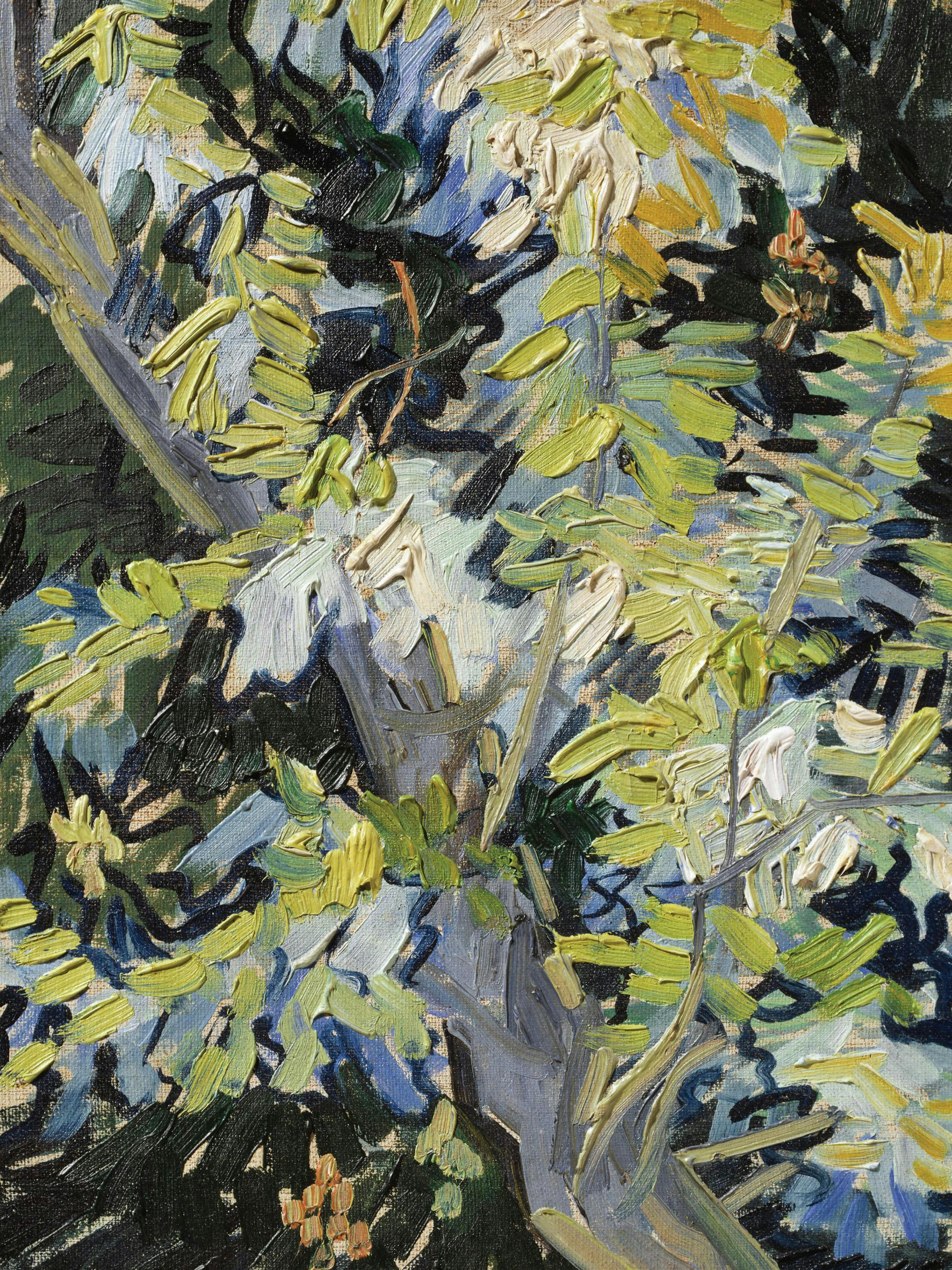 An impasto print of a tree with thick, textured brushstrokes of light green, blue, black, and gray.