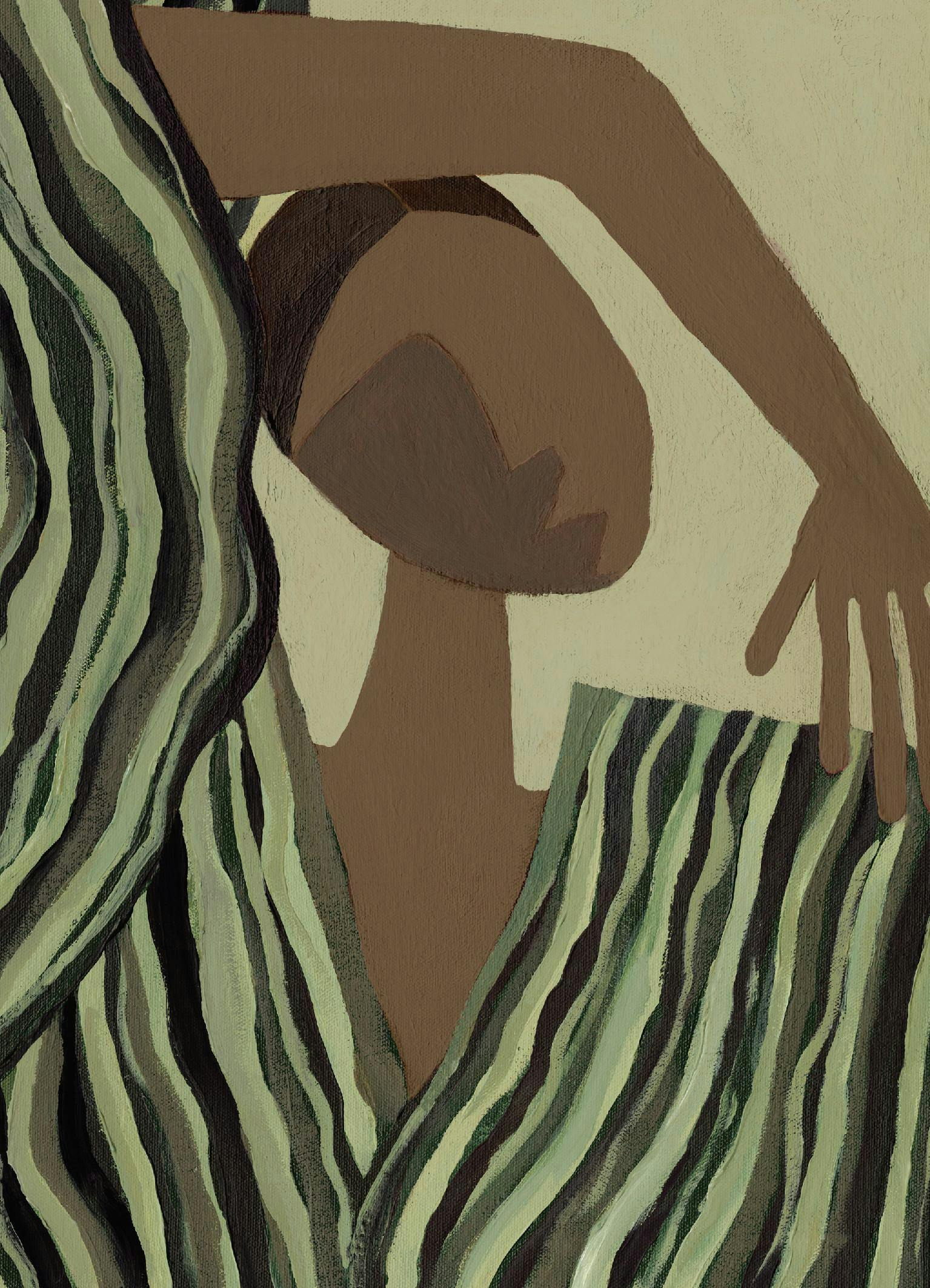 Plakat med en abstrakt, beige figur i mørkebrune og grønstribede klæder, med armen løftet.