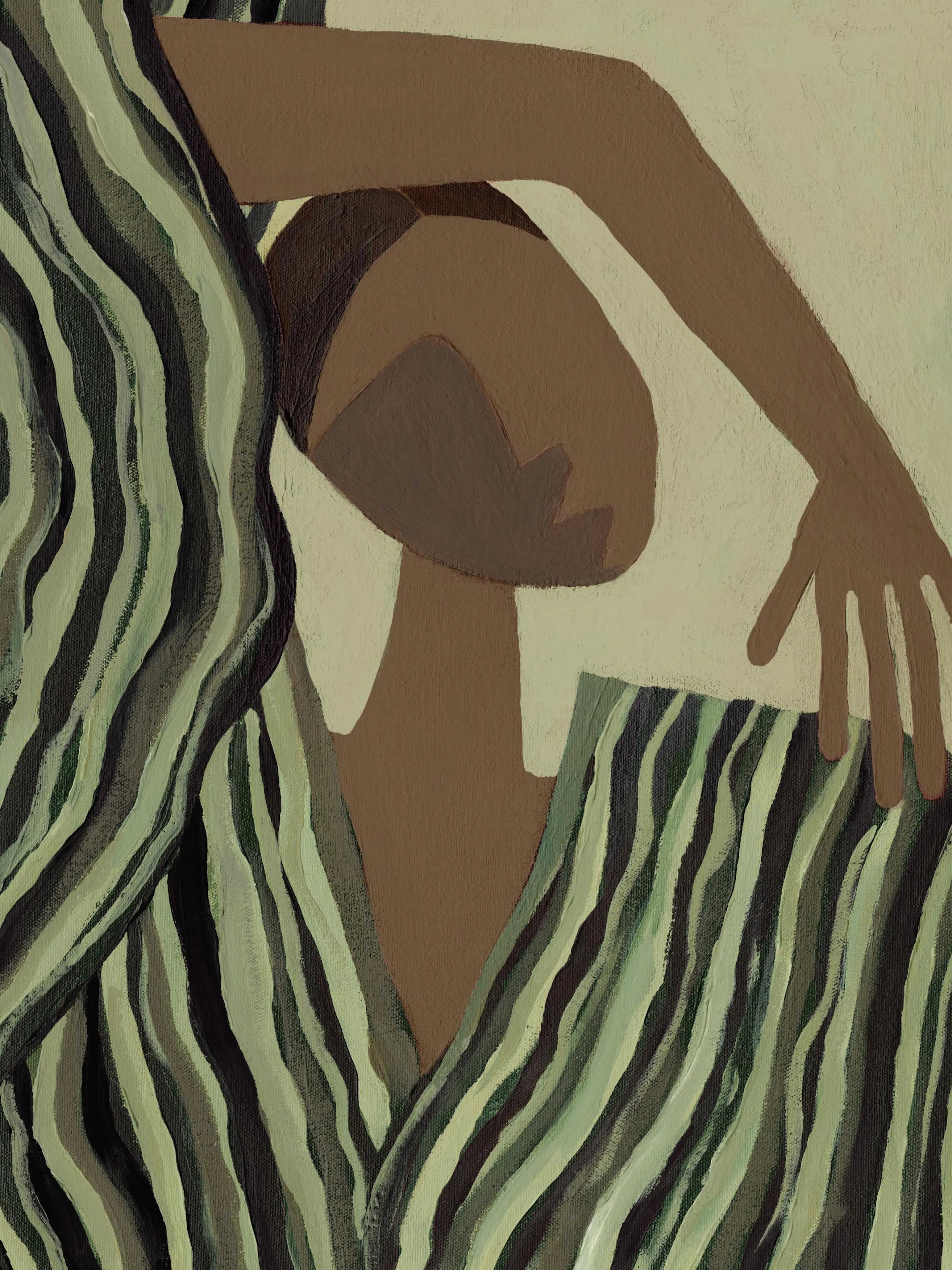 Póster de una figura abstracta en tonos tierra y verde, con un patrón de rayas onduladas.
