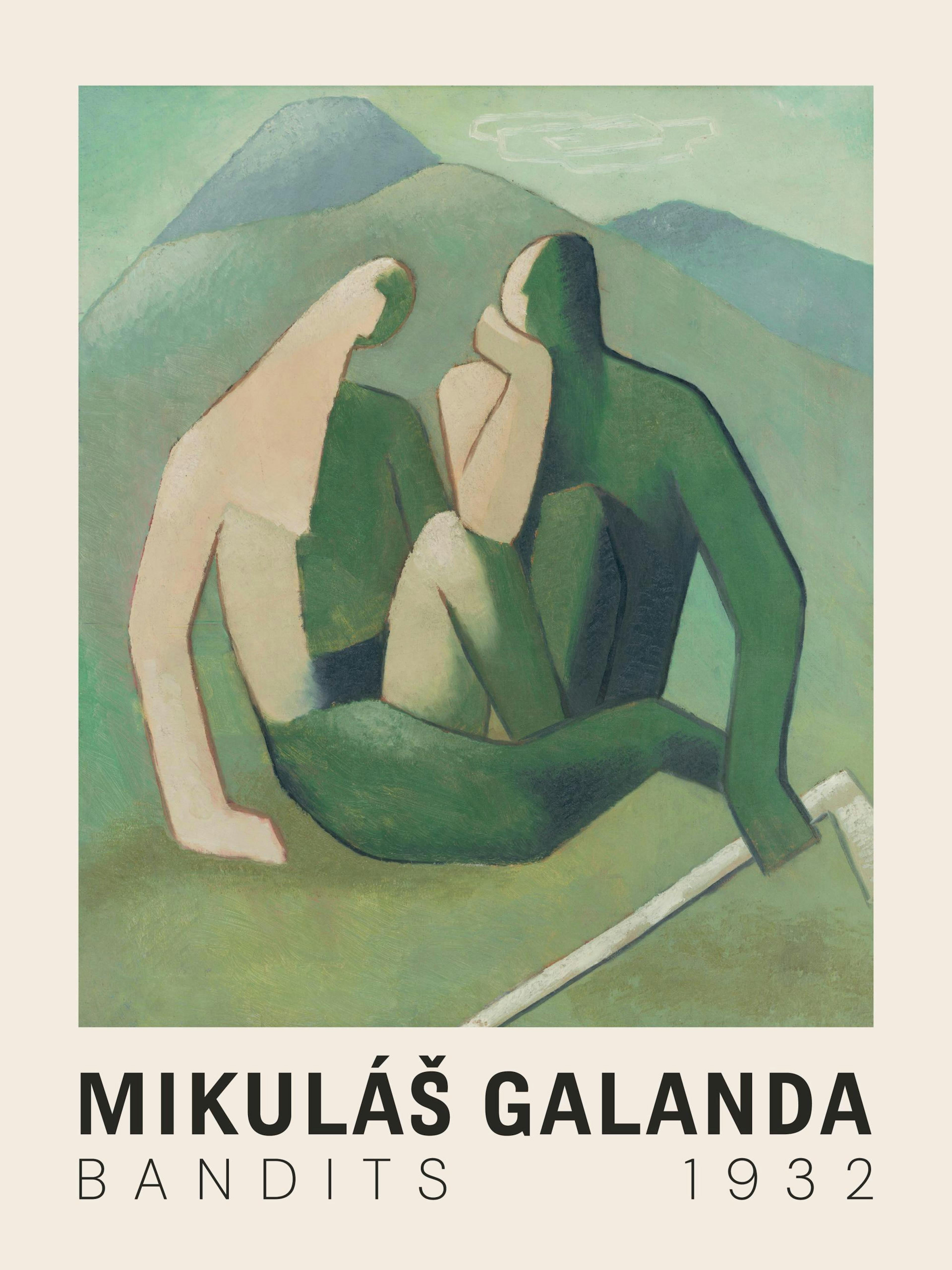 A colorful print of two figures with green and beige bodies sitting on a green hillside with blue mountains in the background.