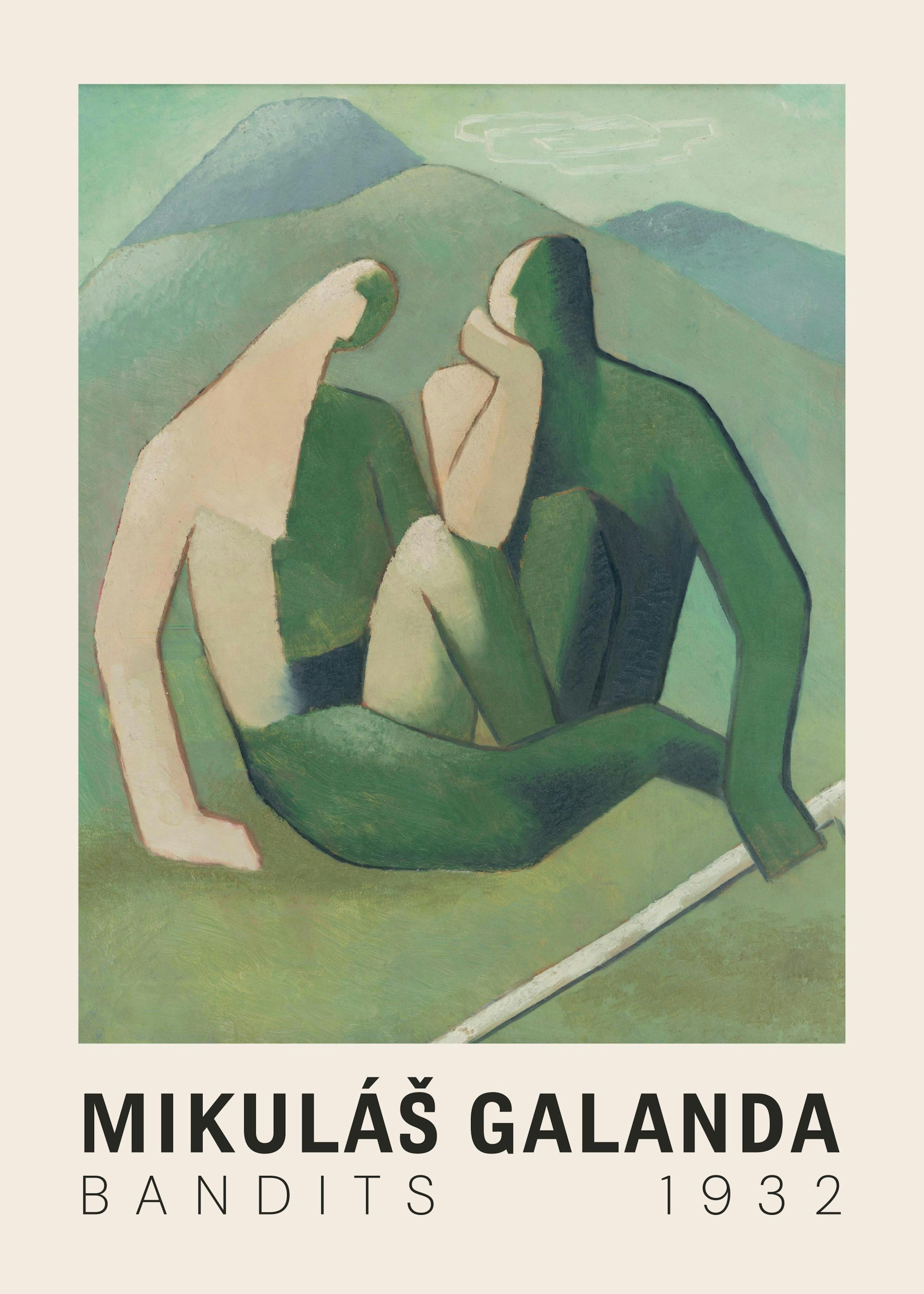 Un póster de dos figuras sentadas sobre un fondo verde con montañas, una clara y otra oscura, estilo arte moderno.