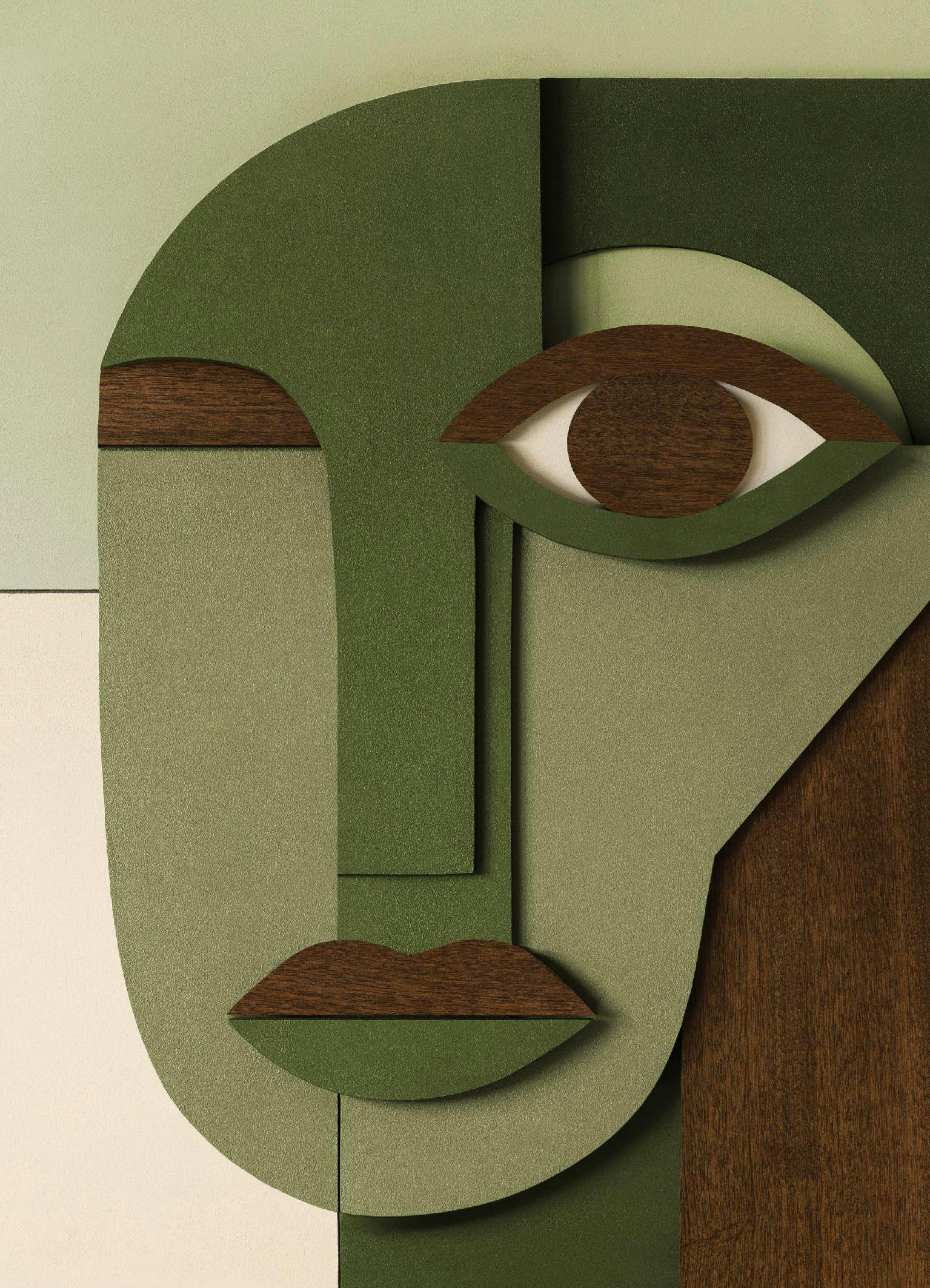 Plakat med et abstrakt ansigt i grønne nuancer med trædetaljer som øje og mund.