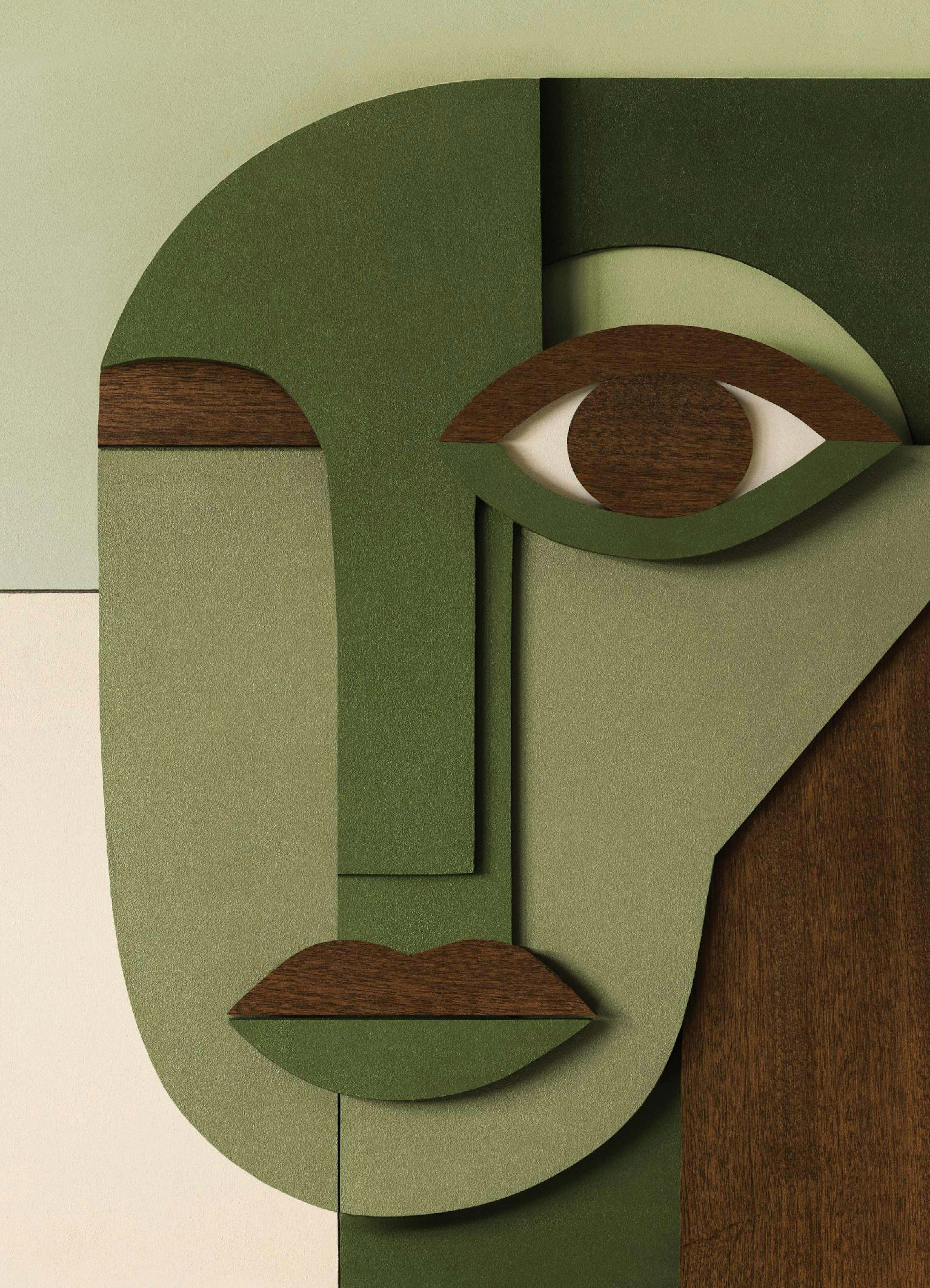 Póster de rostro abstracto con formas geométricas en tonos verdes, beige y madera oscura.