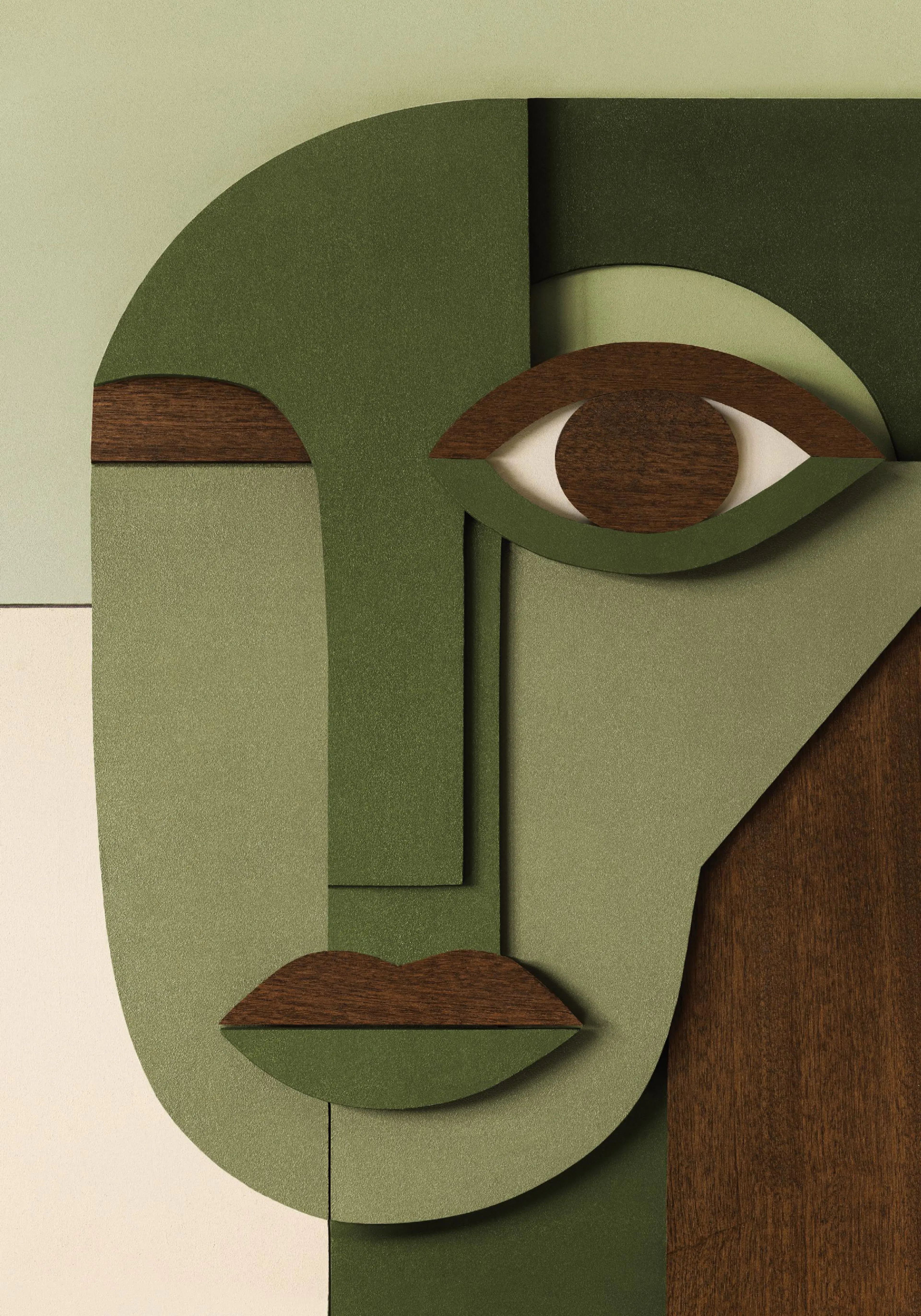 Affiche abstraite dun visage vert kaki et brun avec des formes géométriques et des textures variées.