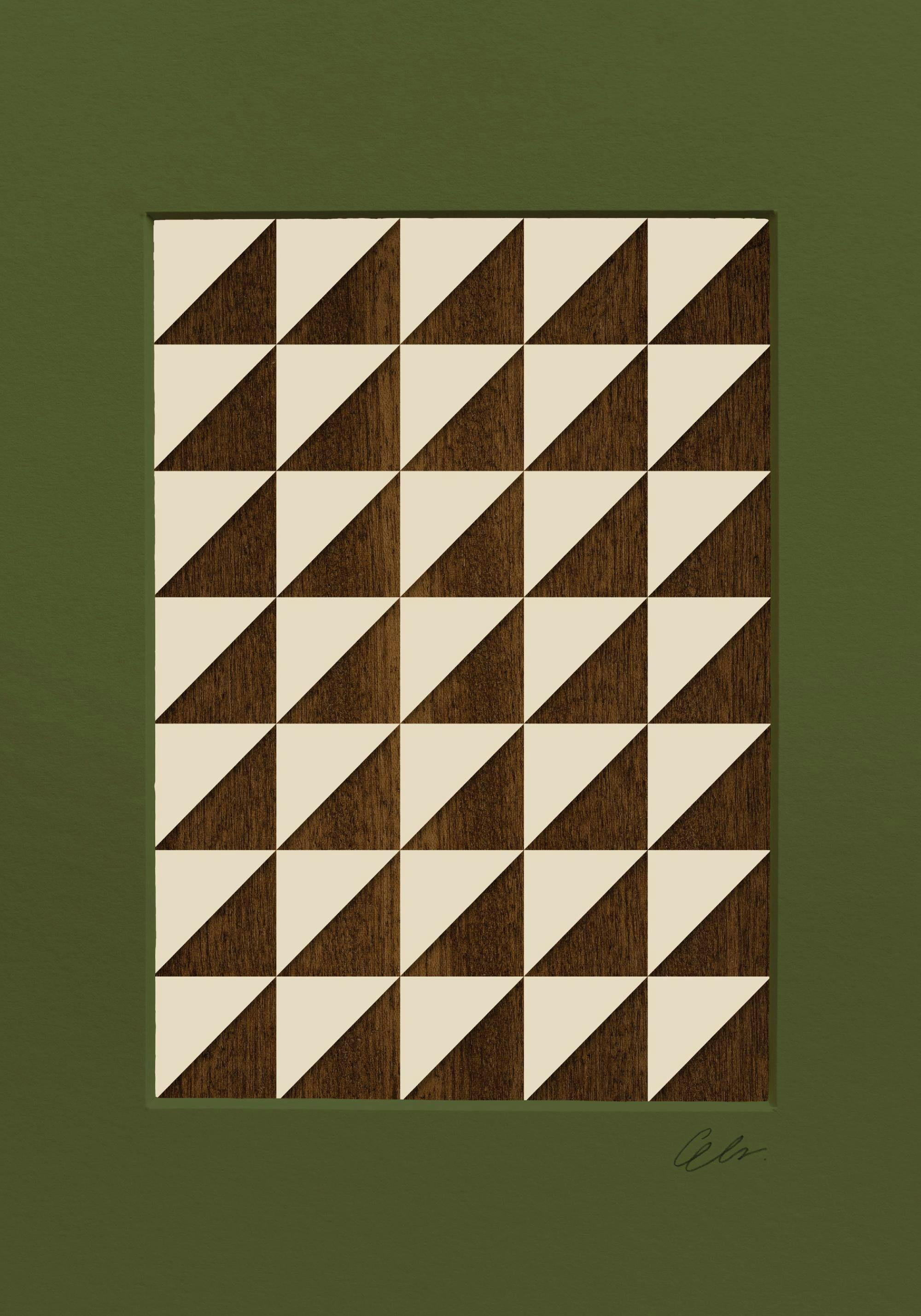 En plakat med et gentaget mønster af lyse og mørkebrune trekanter, sat på en mørkegrøn baggrund.