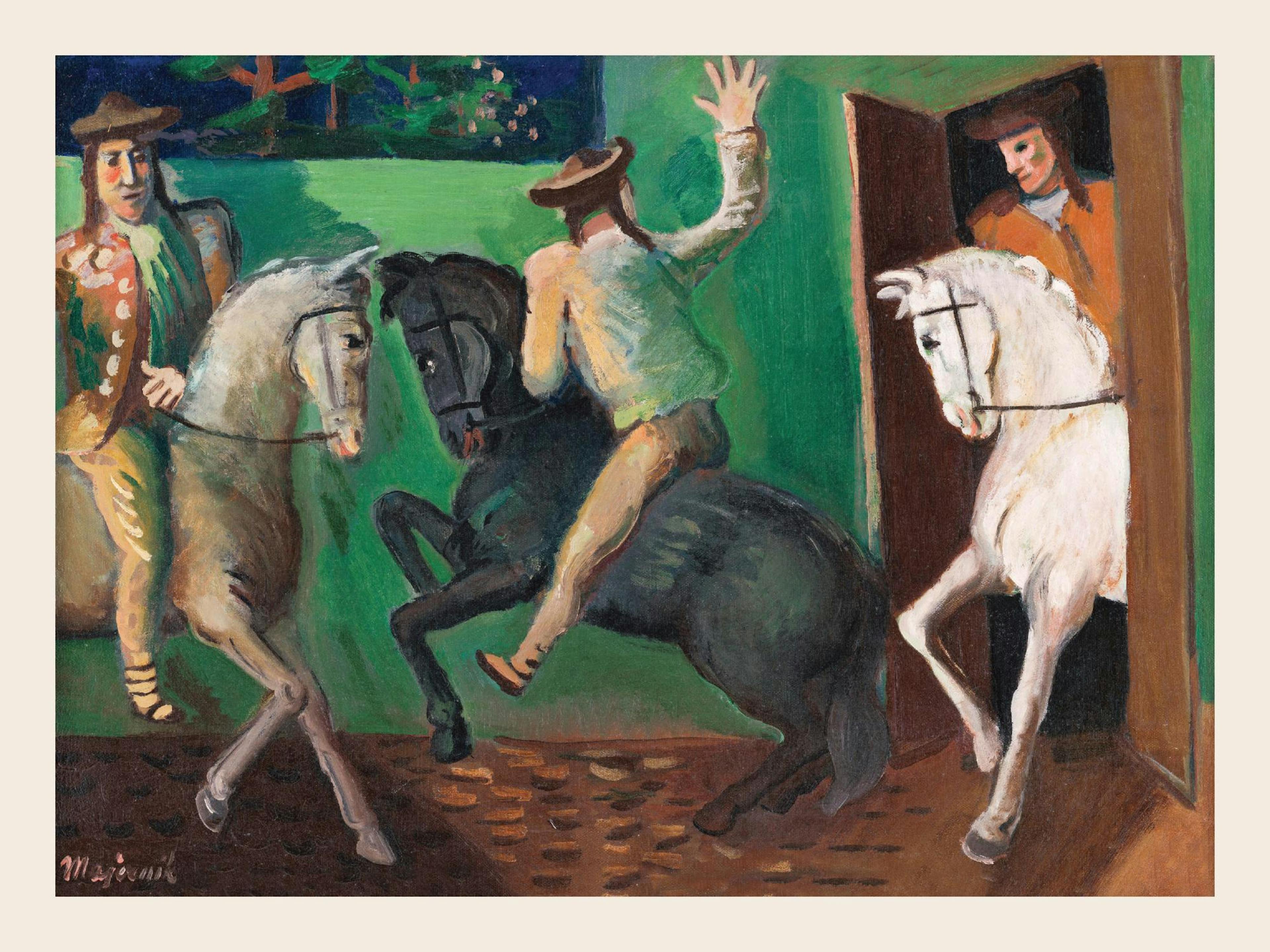 A colorful expressionist print depicts three men on horseback in motion, with a green background.