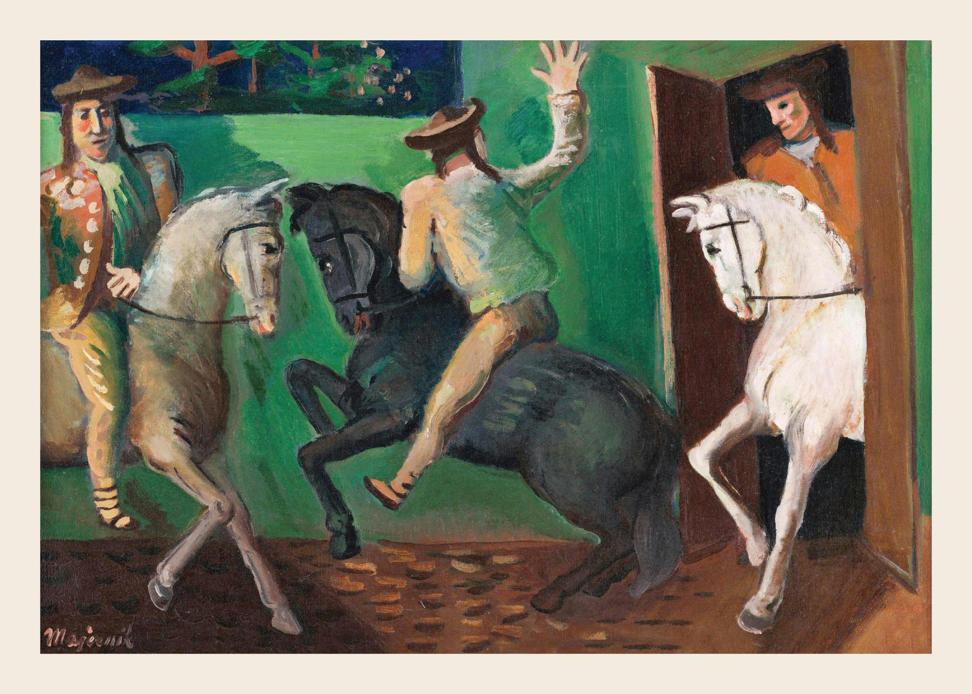 Affiche dune peinture, trois cavaliers avec des chevaux, deux blancs et un noir, sur un fond vert.