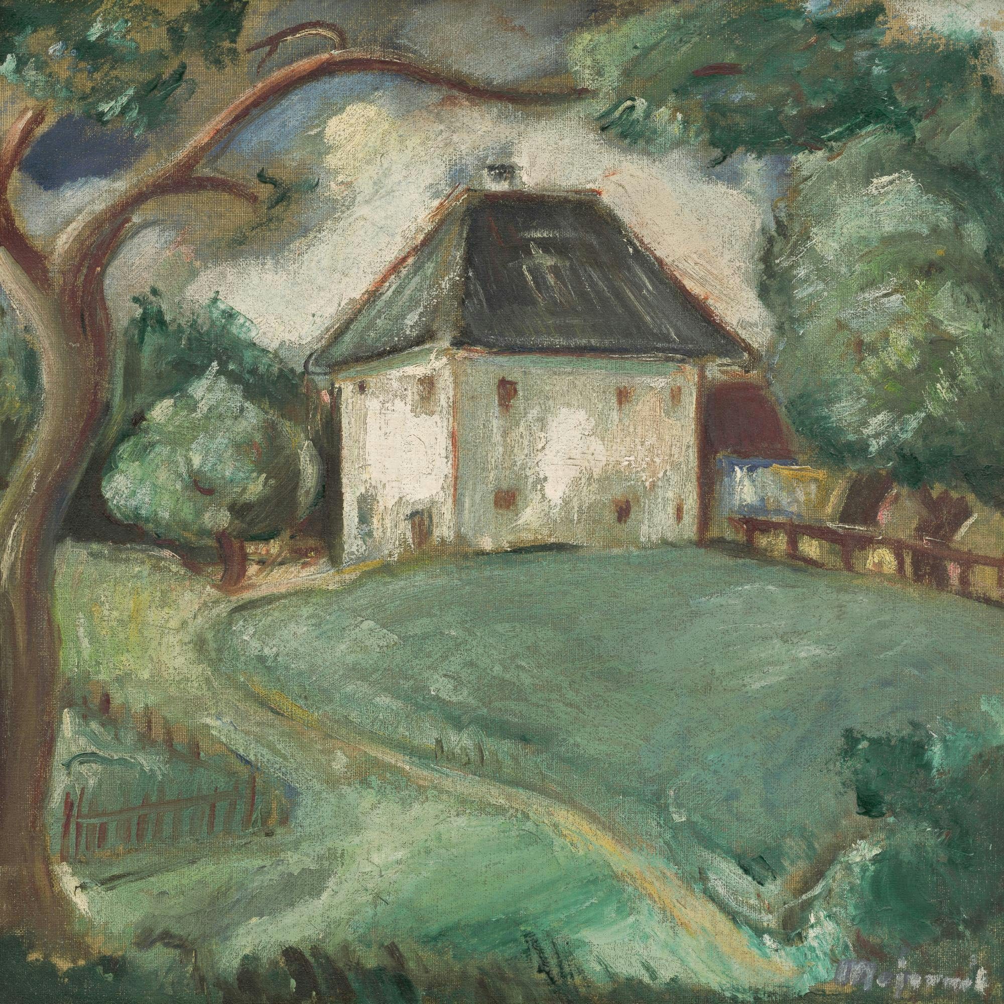 En poster som föreställer ett bondgårdshus med mörkt tak, omgiven av grönskande träd och en gräsmatta.