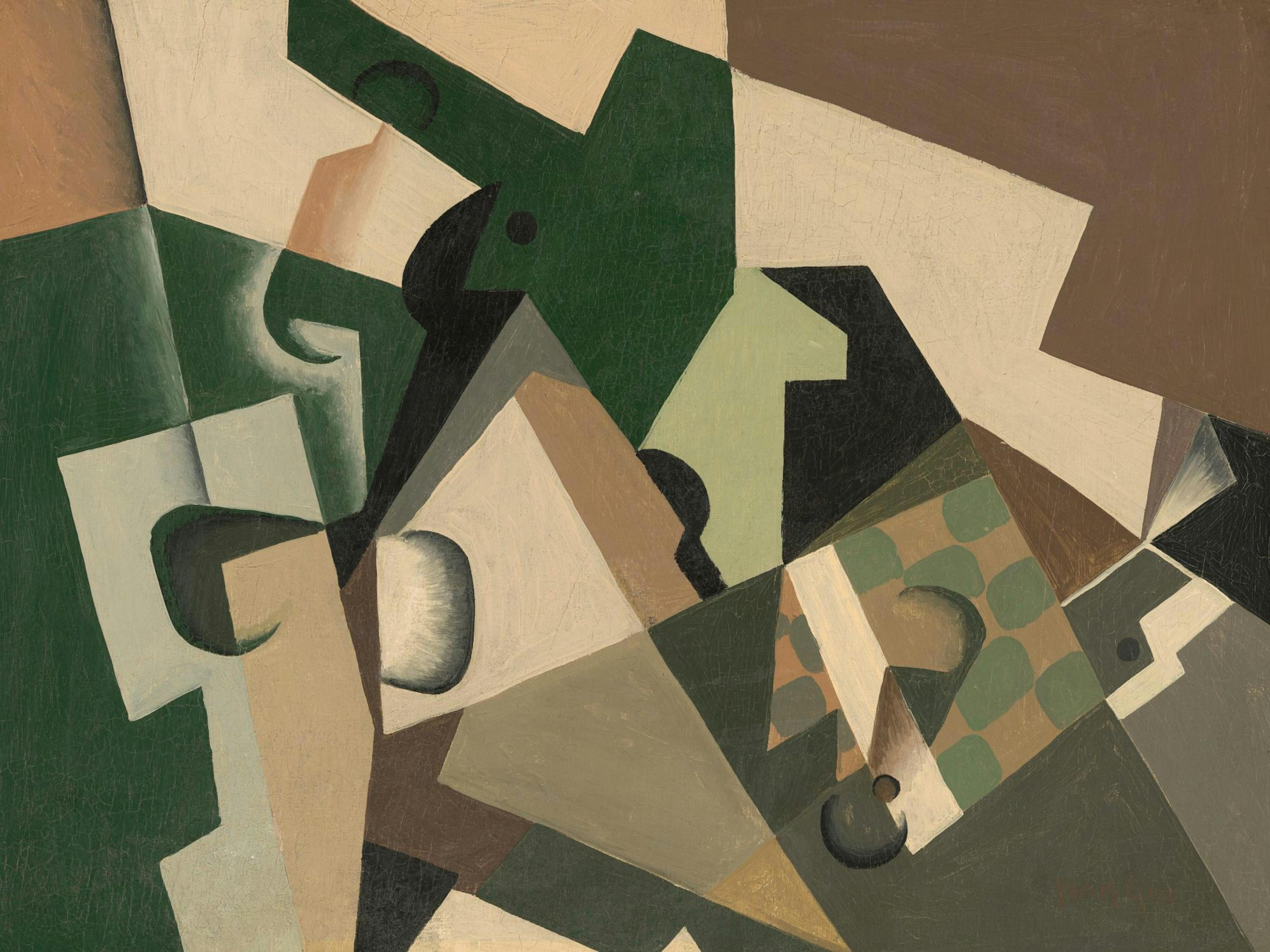 A Cubist print of abstract shapes in shades of brown, green, and cream, with black accents and circles.
