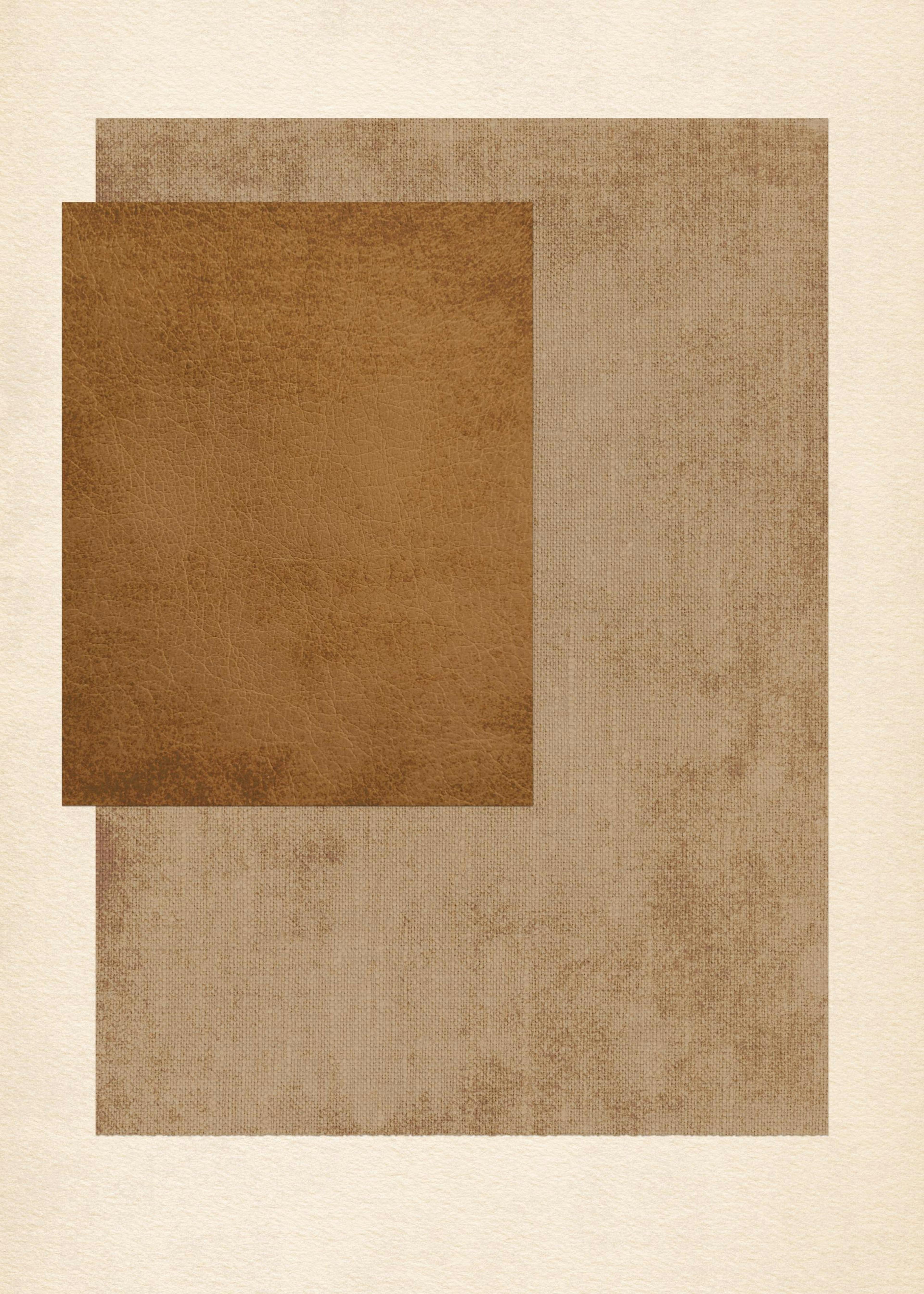 A minimalist print with a dark brown leather-textured rectangle overlapping a lighter brown canvas-textured rectangle on a cream