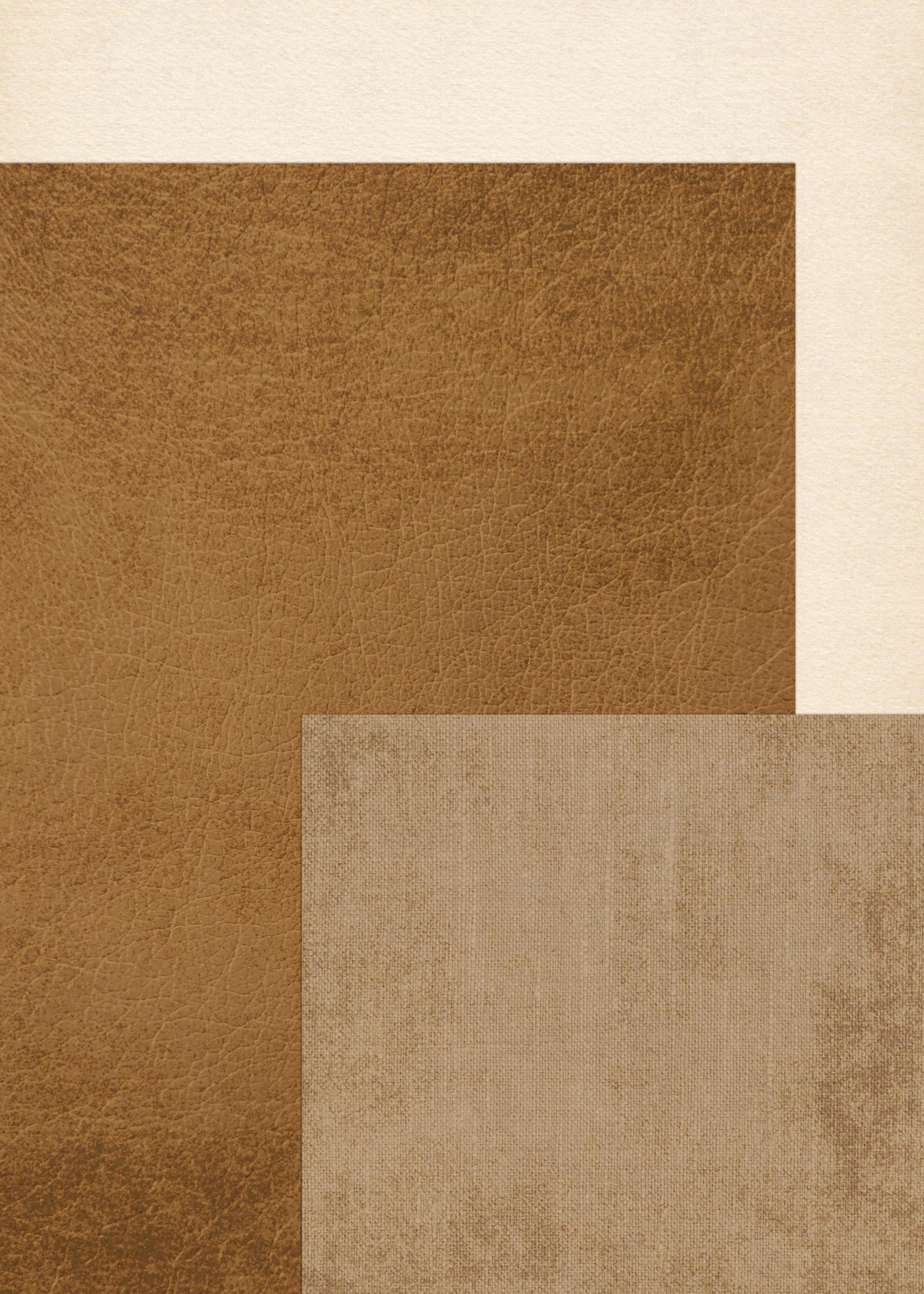 A print with a beige background featuring a large brown leather texture in the upper left, overlapping a lighter brown canvas te