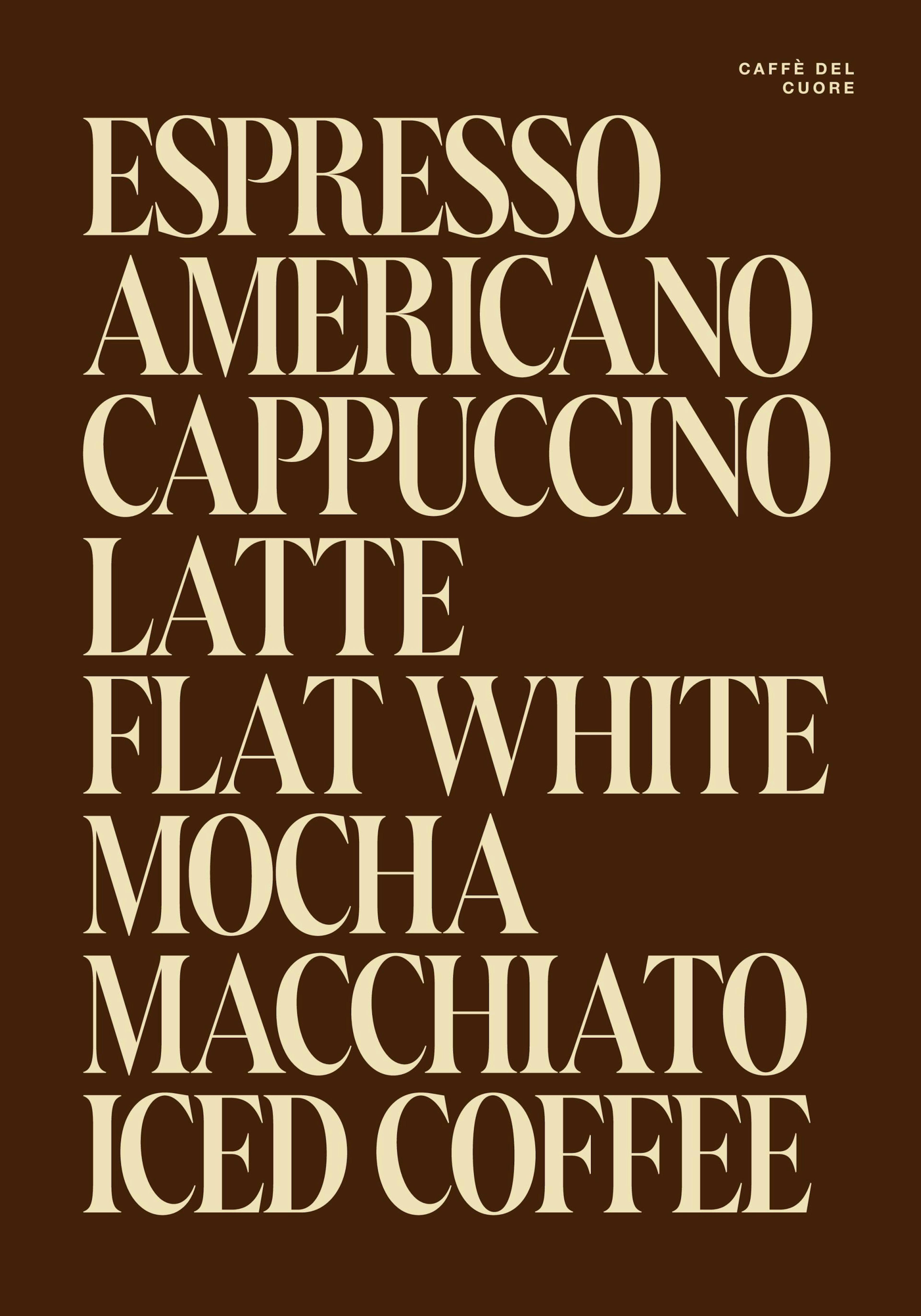 Affiche marron avec une liste de boissons au café en lettres crème, incluant espresso, cappuccino et latte.