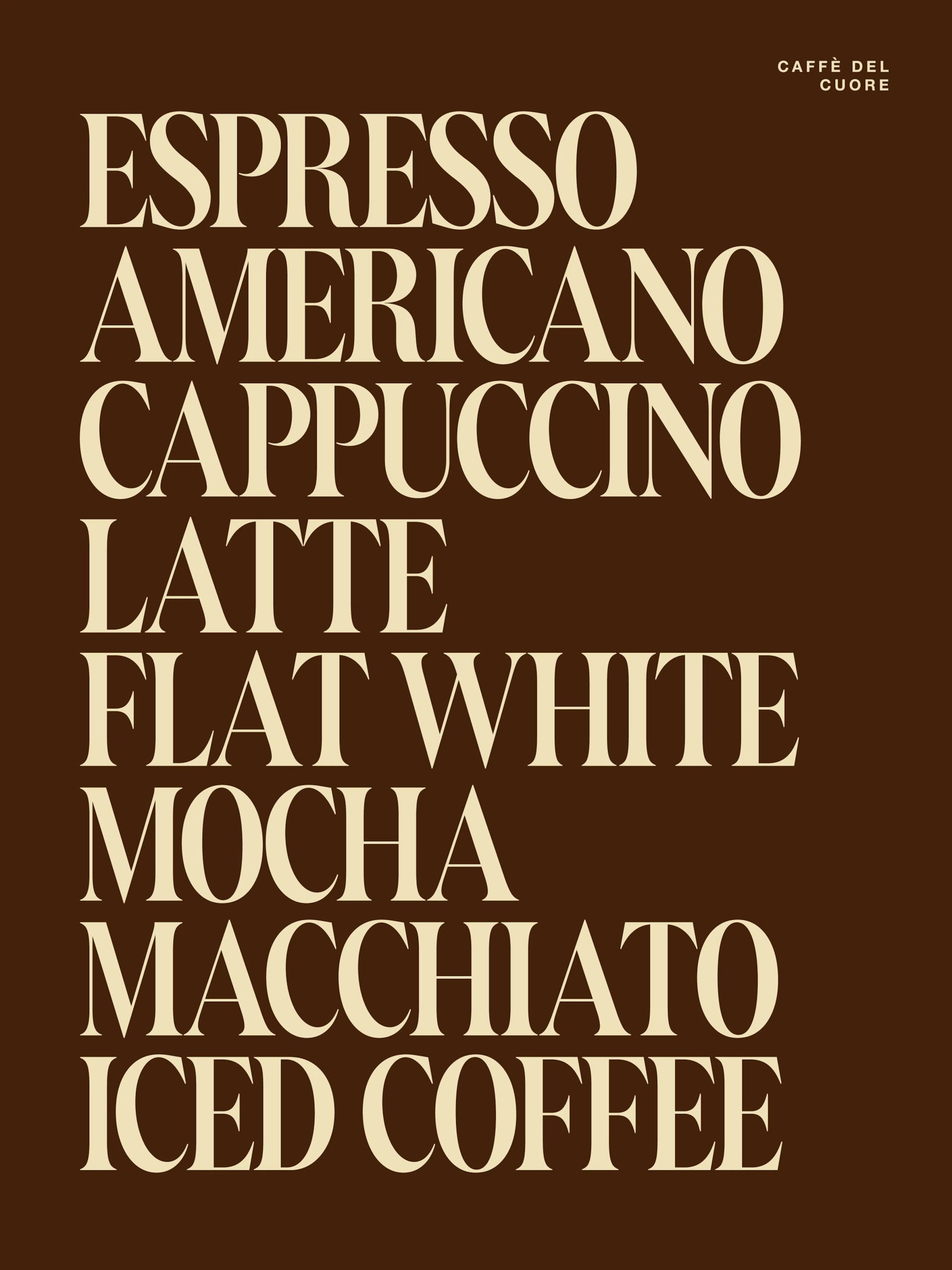 Poster mit weißer Schriftliste von Kaffeesorten wie Espresso und Latte auf braunem Hintergrund.