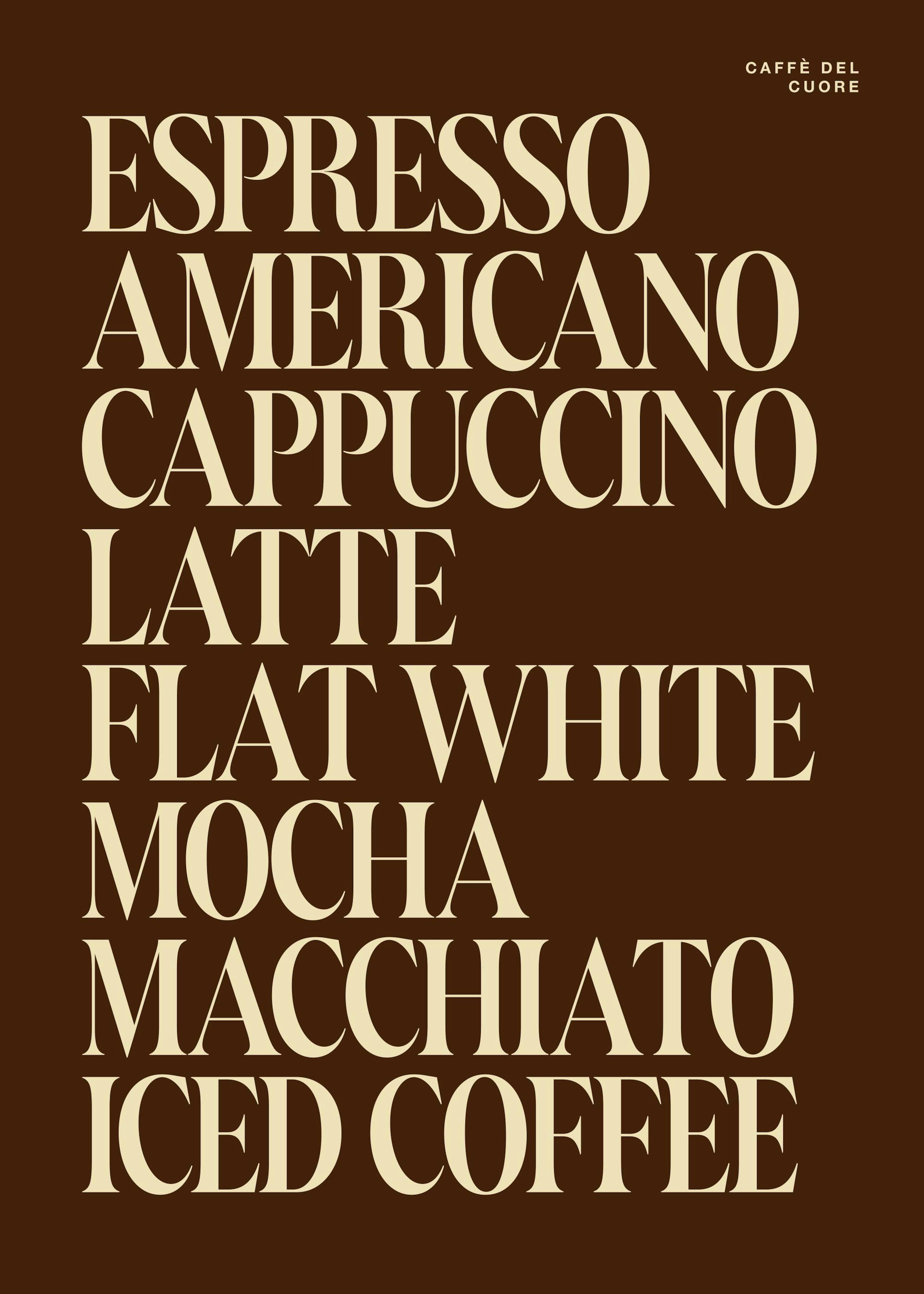 En plakat med en liste over kaffedrikker i kremfarget tekst på en brun bakgrunn.