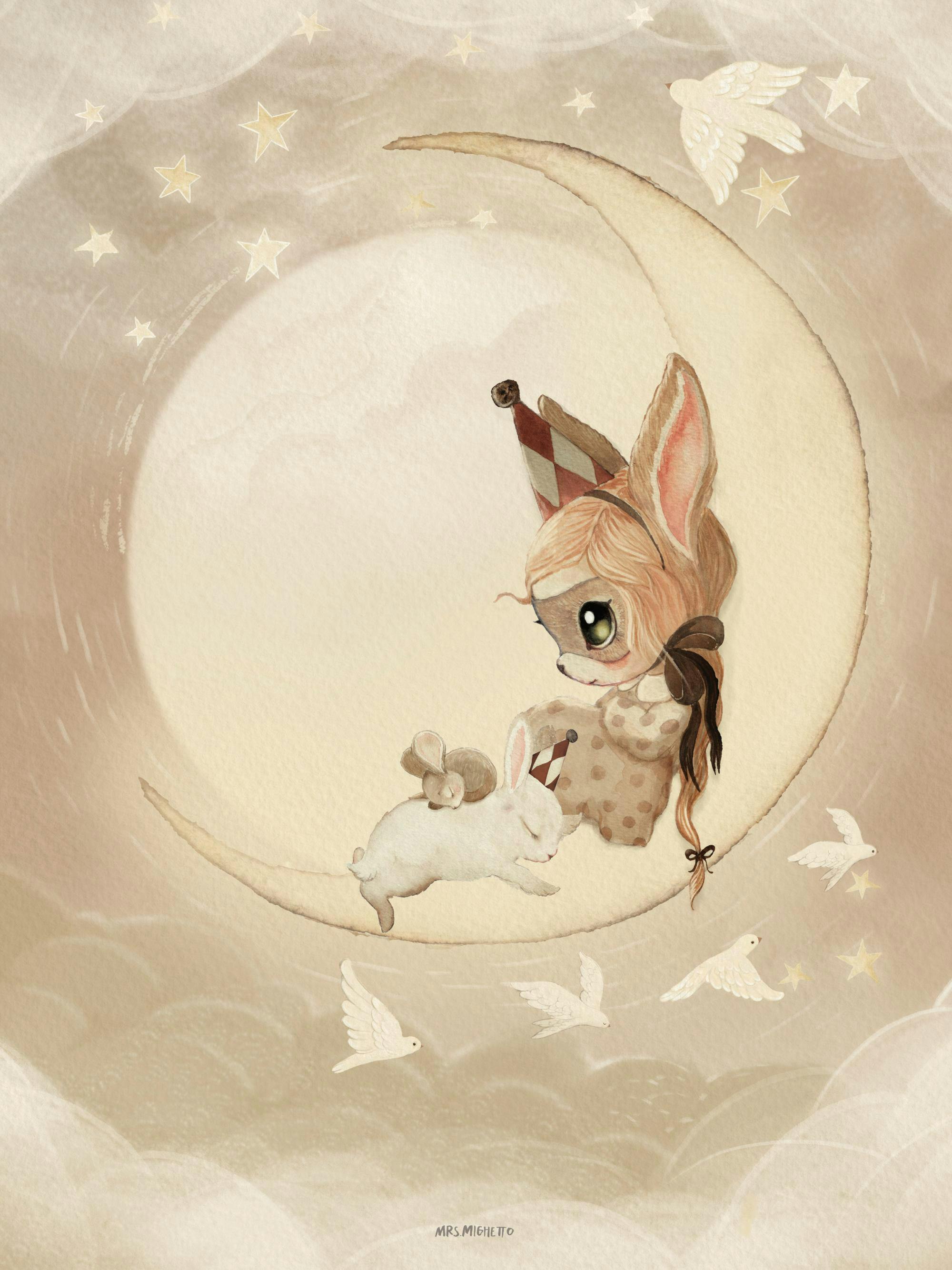 Söt kaninflicka med röd hatt sitter på månen bredvid en sovande vit kanin, omgiven av vita duvor och stjärnor.