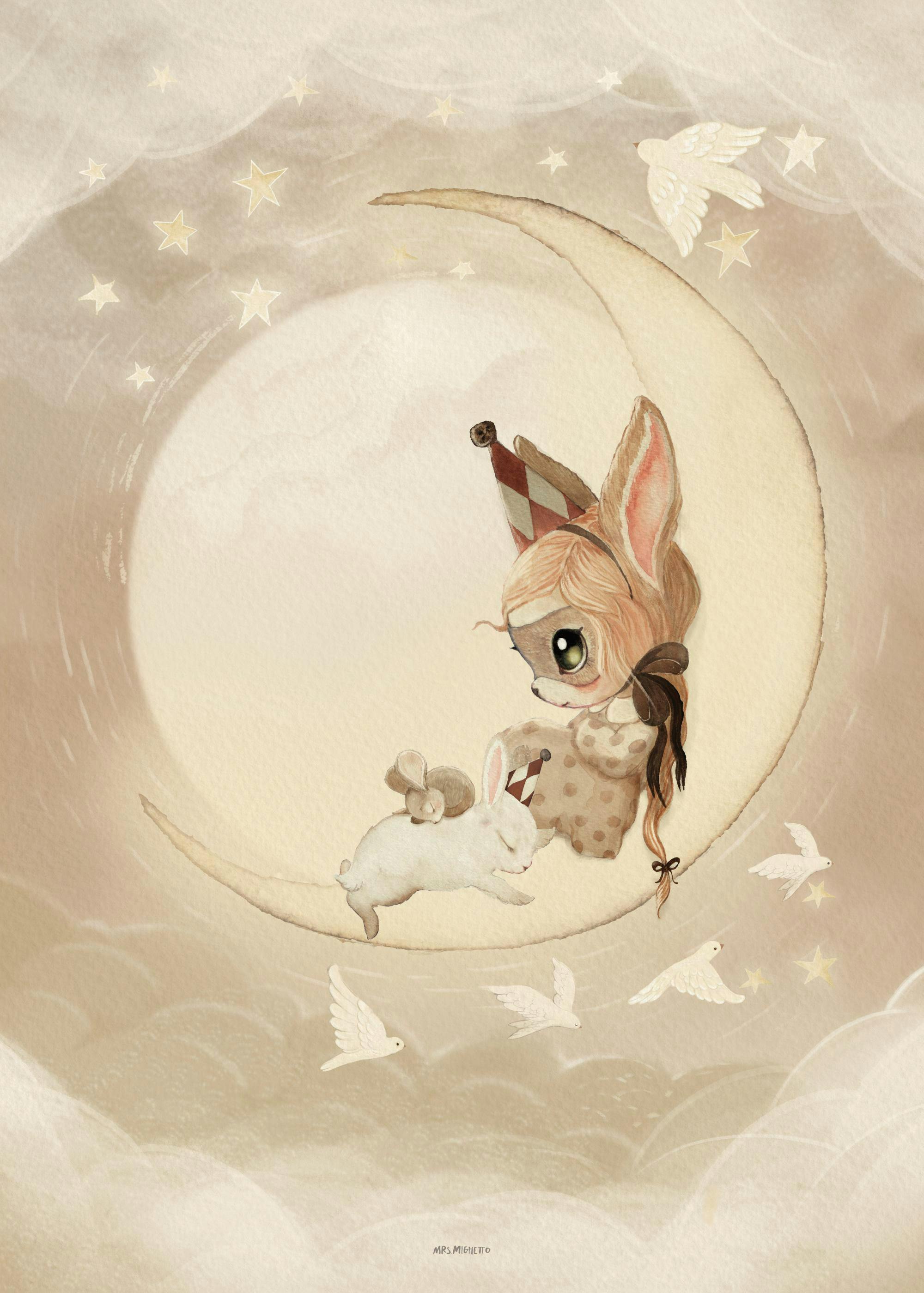 ミスマヤのイラスト、半月と星、ウサギと鳥が描かれた子供部屋向けのアートプリント