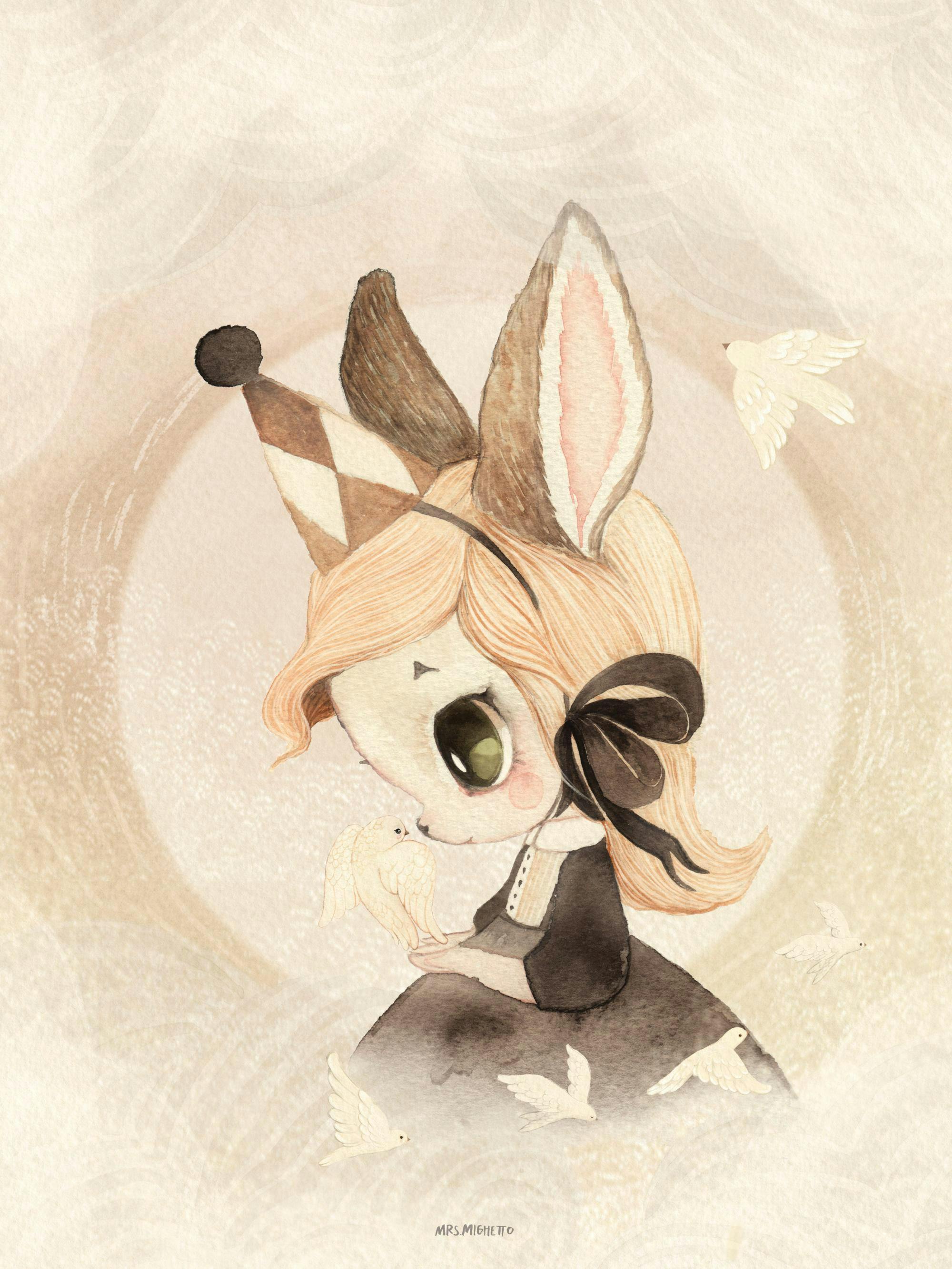 Akvarellillustration av Miss Saga med stora ögon, kaninöron och en rutig hatt som håller en vit duva. Barnposter med magiska var