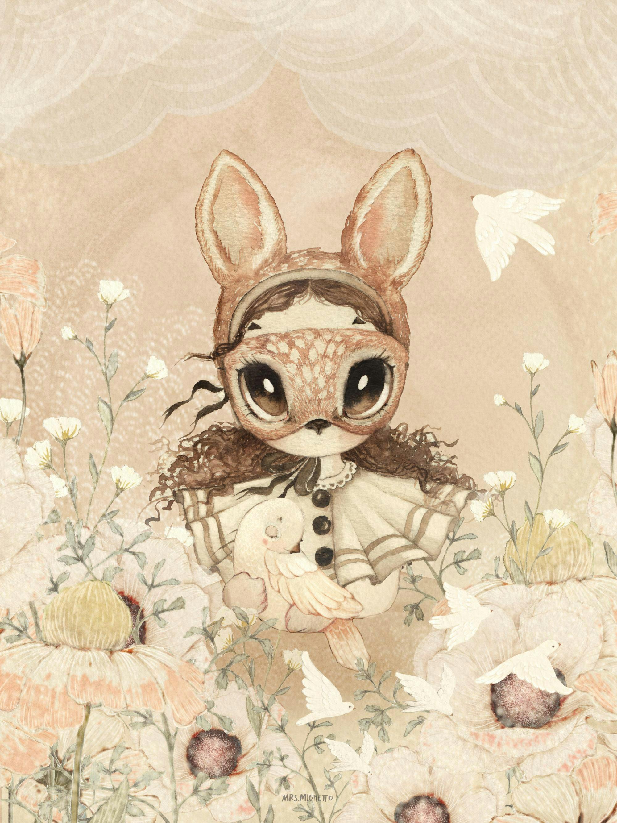 Mrs Mighetto Miss Freja, ett barn med rådjursöron och mask, håller en duva bland blommor och flygande fåglar.