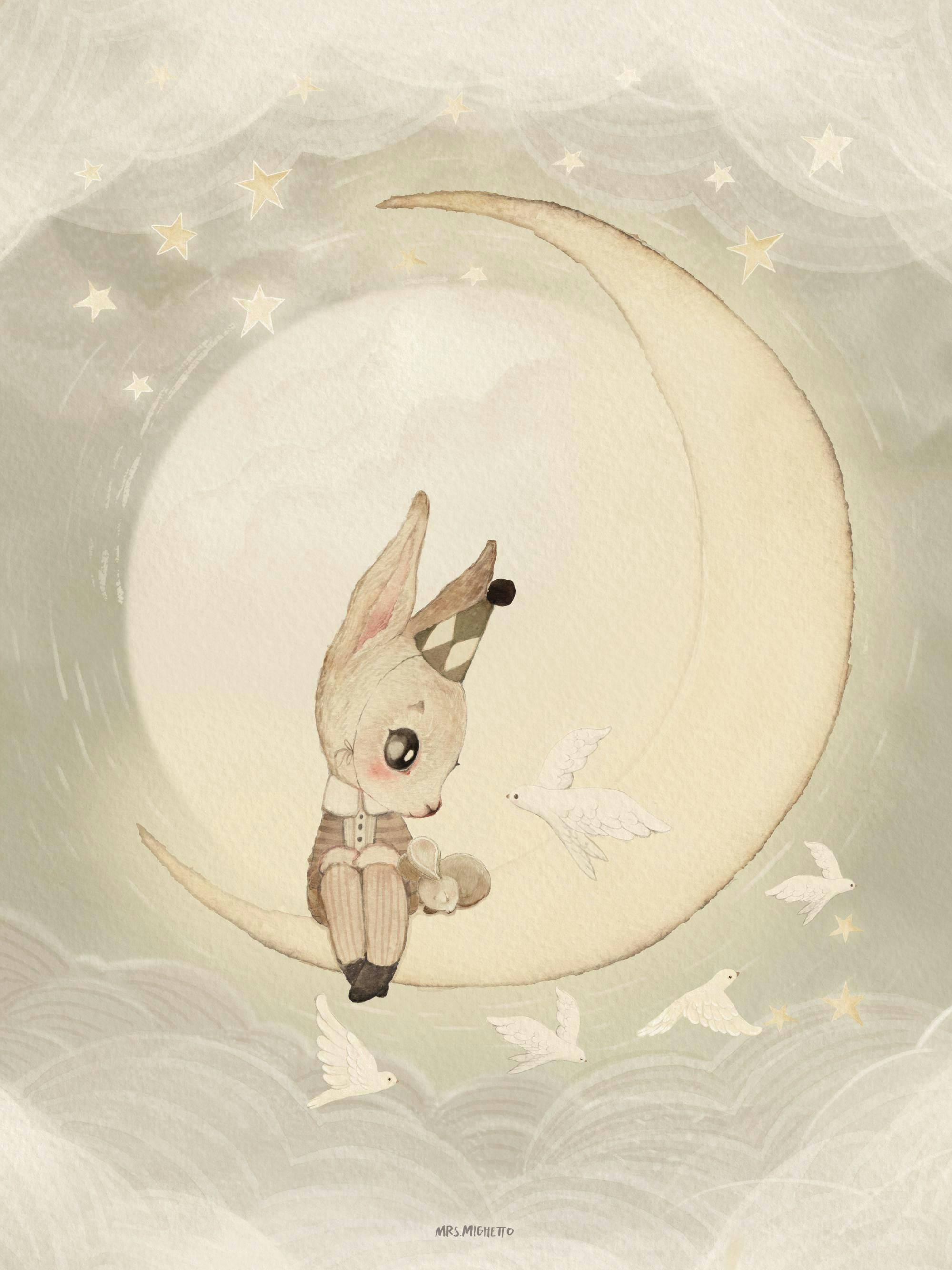 Mr Sam art print, a whimsical rabbit character with a party hat sitting on a crescent moon with doves in a dreamlike setting.