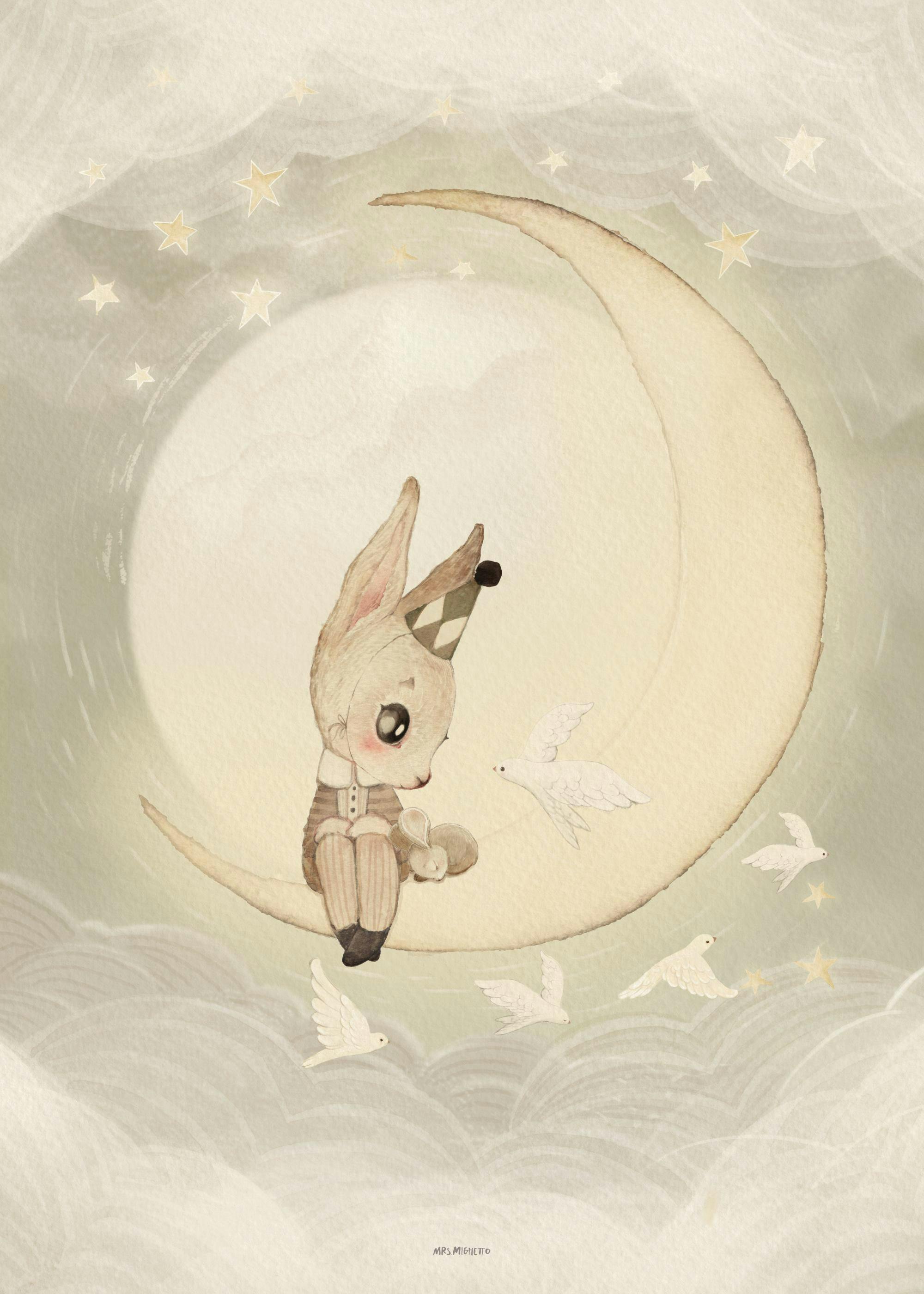 Affiche de M. Sam, un lapin mignon avec un chapeau pointu, assis sur la lune entouré de colombes et détoiles. Illustration oniri