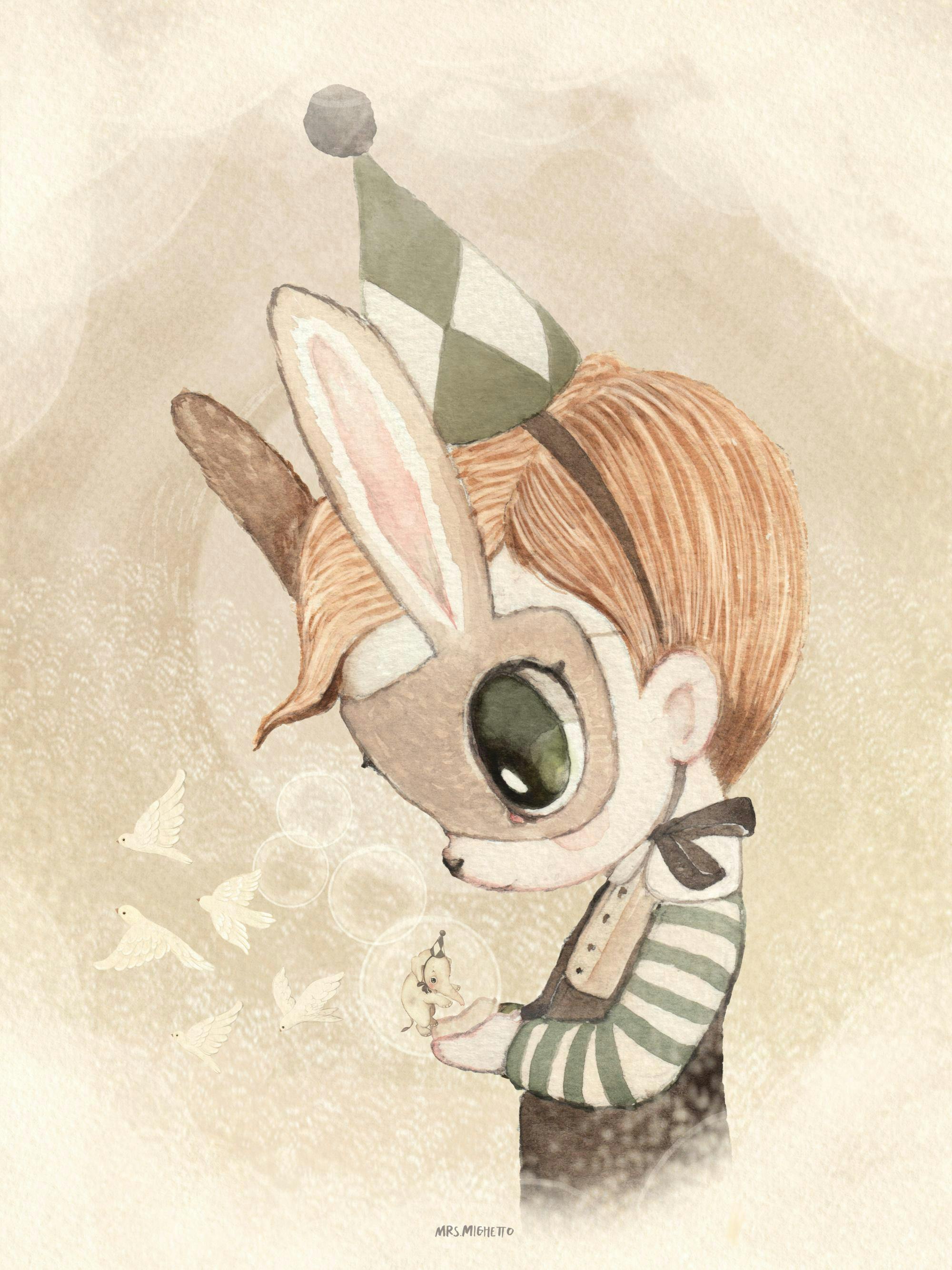 Akvarellillustration av en pojke med kaninöron och mask, tittandes på en liten figur i en bubbla, med flygande duvor.