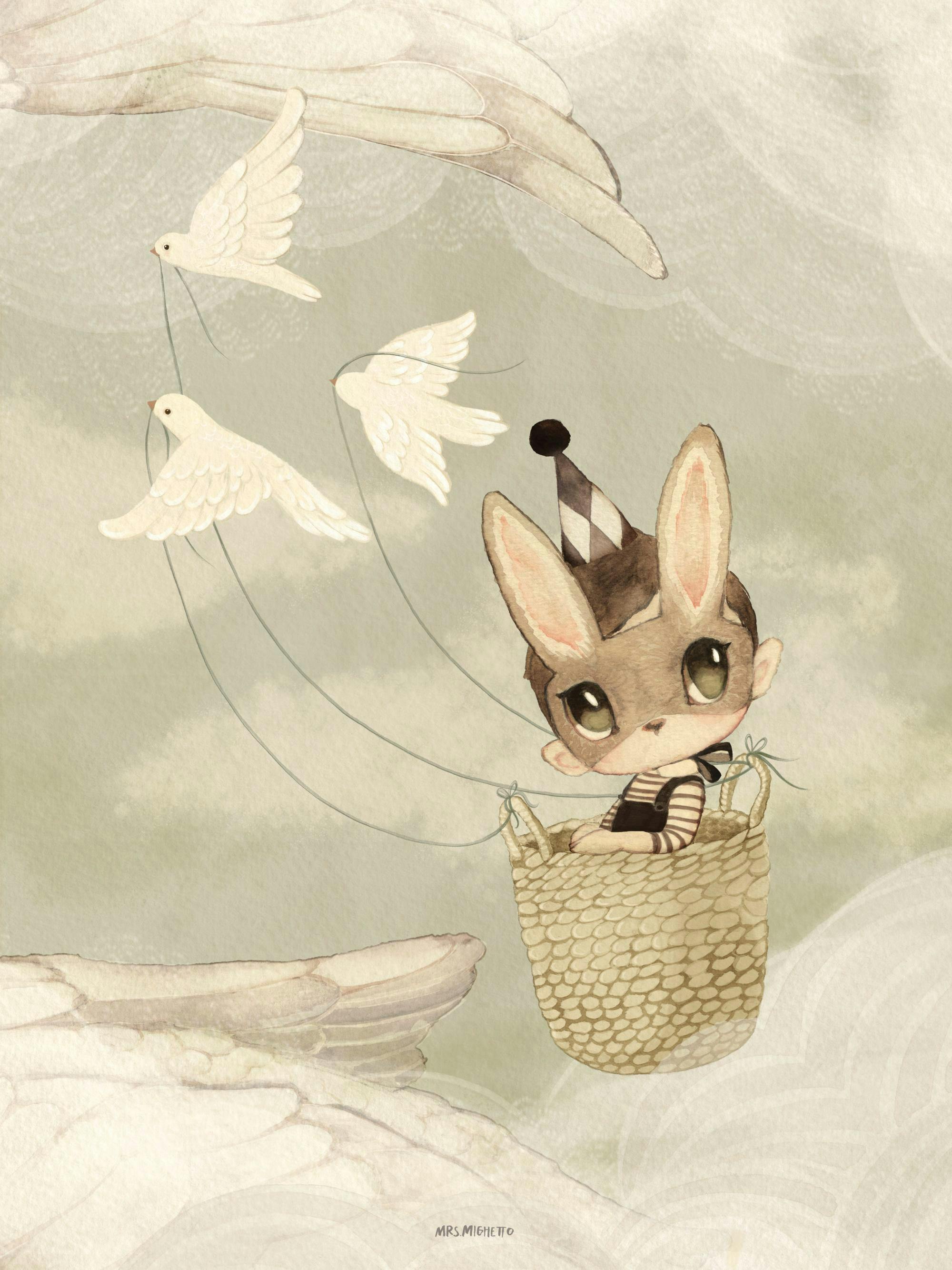Akvarellillustration med en kaninliknande figur i en korg, dragen av tre vita duvor, i en mystisk himmelsmiljö.