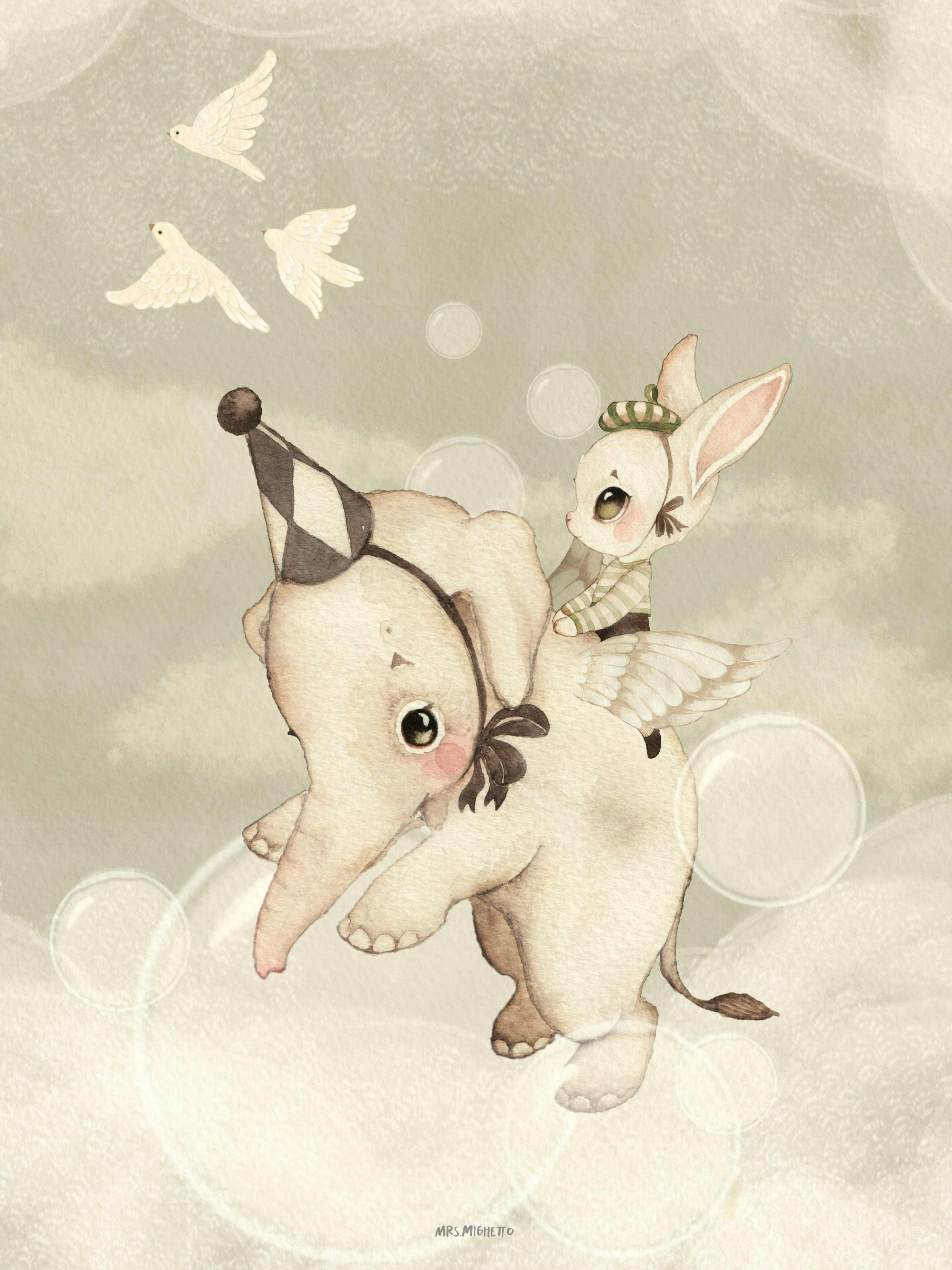 Pastellfärgad illustration med flygande elefant i festhatt och kanin med vingar på ryggen, omgivna av vita duvor och moln.