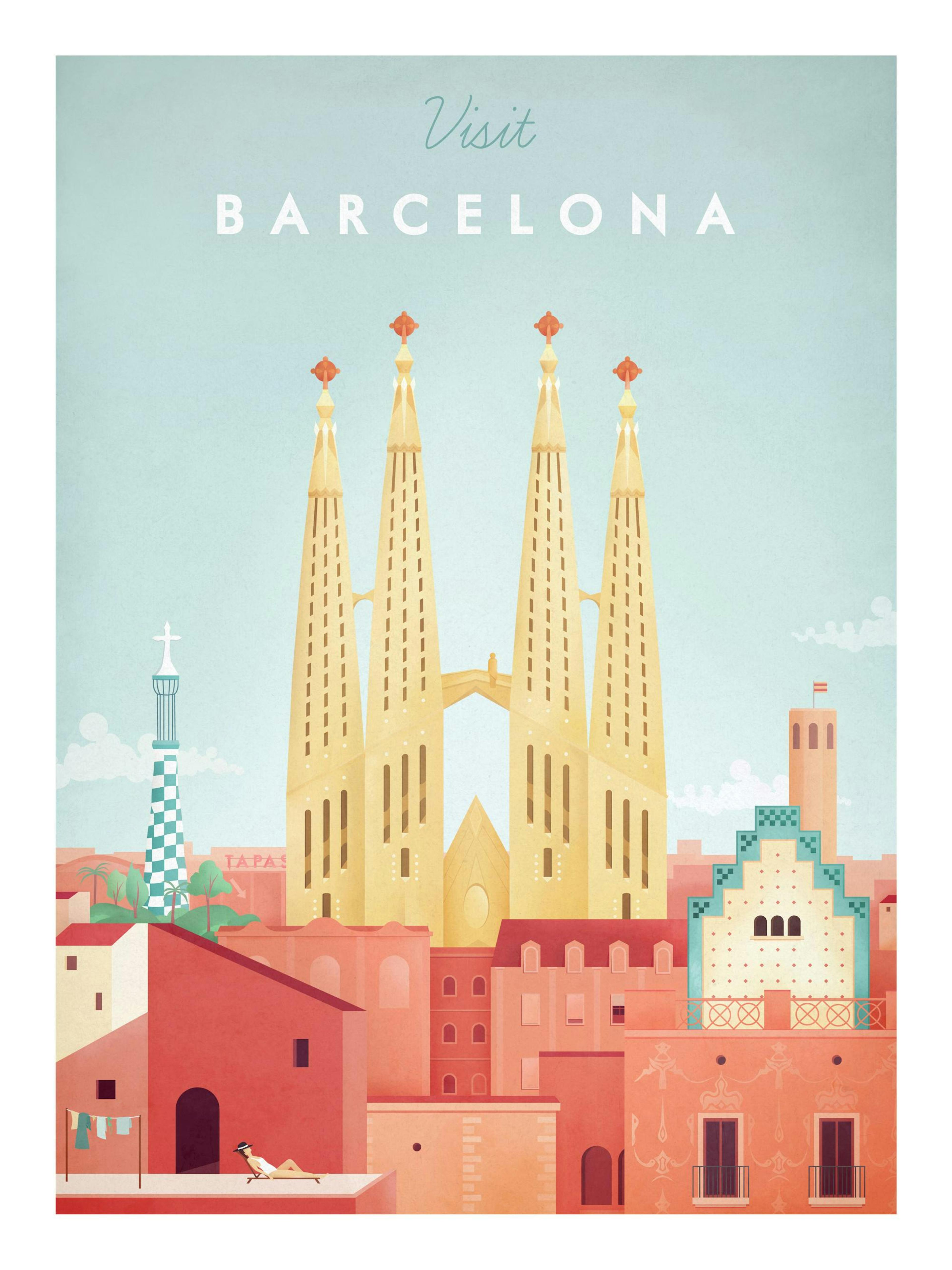 Reiseposter Barcelona mit Sagrada Família und Stadtansicht in pastelligen Tönen. Henry Rivers Design.