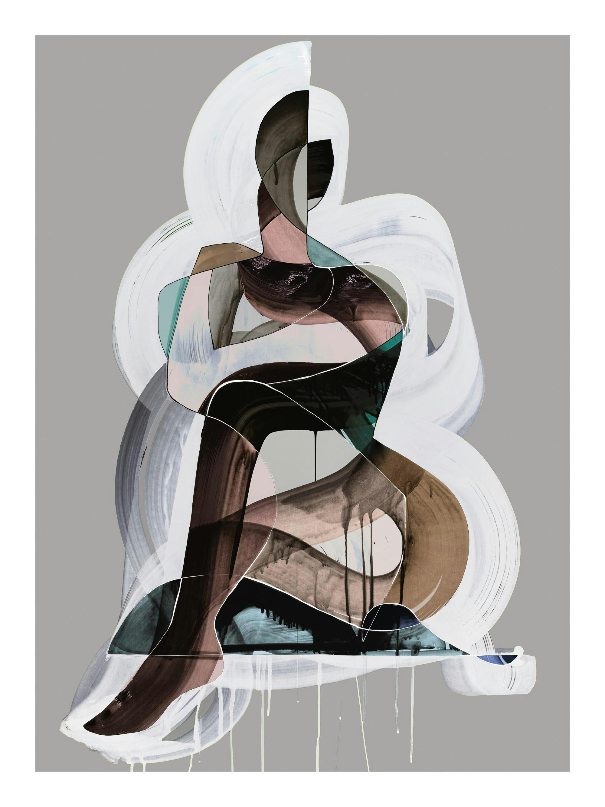 Illustrazione astratta di una donna con forme colorate e tratti bianchi su sfondo grigio.